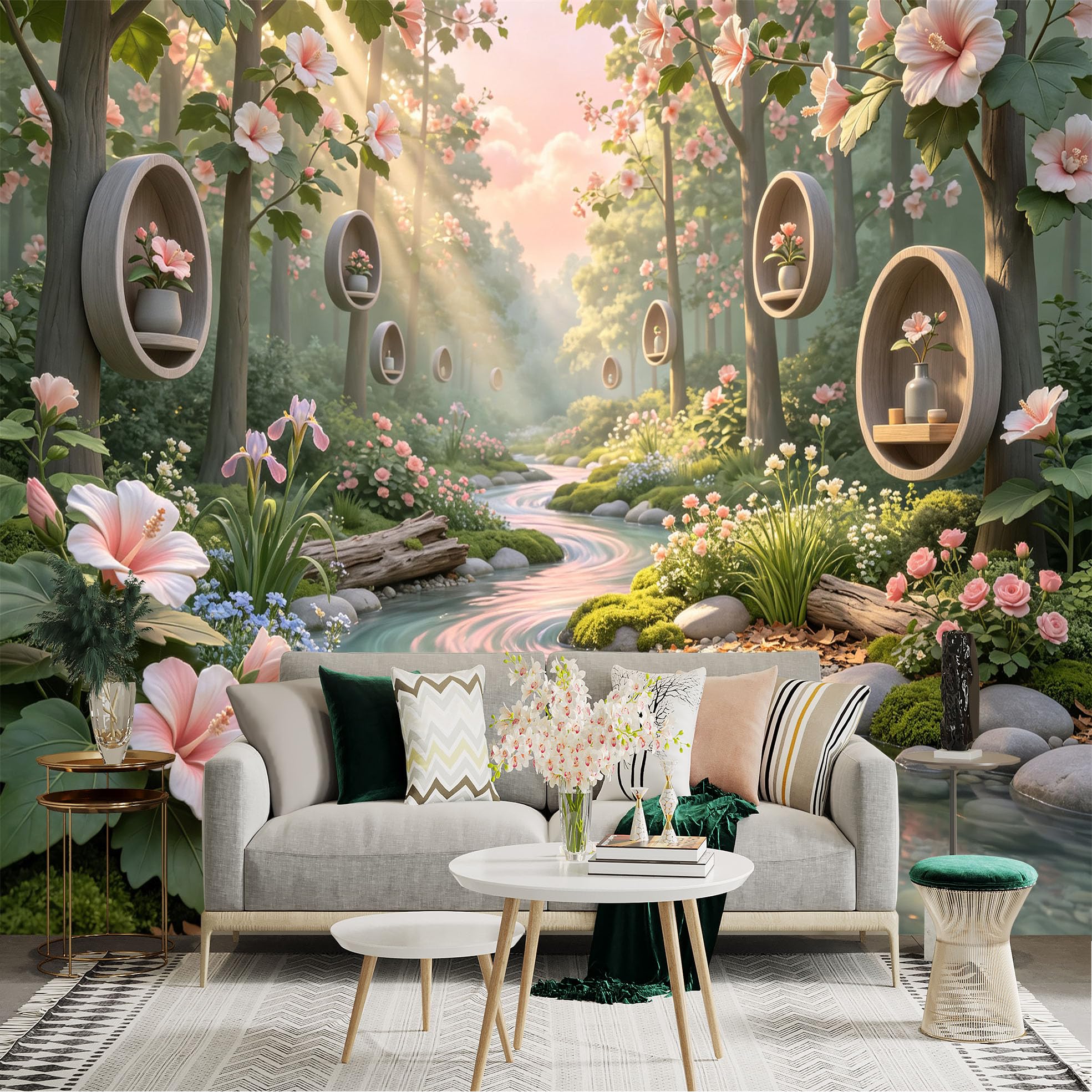 Lnzczhyre Bh260719302 Custom Size Wall Sticker Mural， Magical Forest With Pink Flowers， Floating Wooden Shelves， Tranquil Stream， Sunlit Enchanted Garden， For Wall Decoration， Peelandstick Wall Decals.