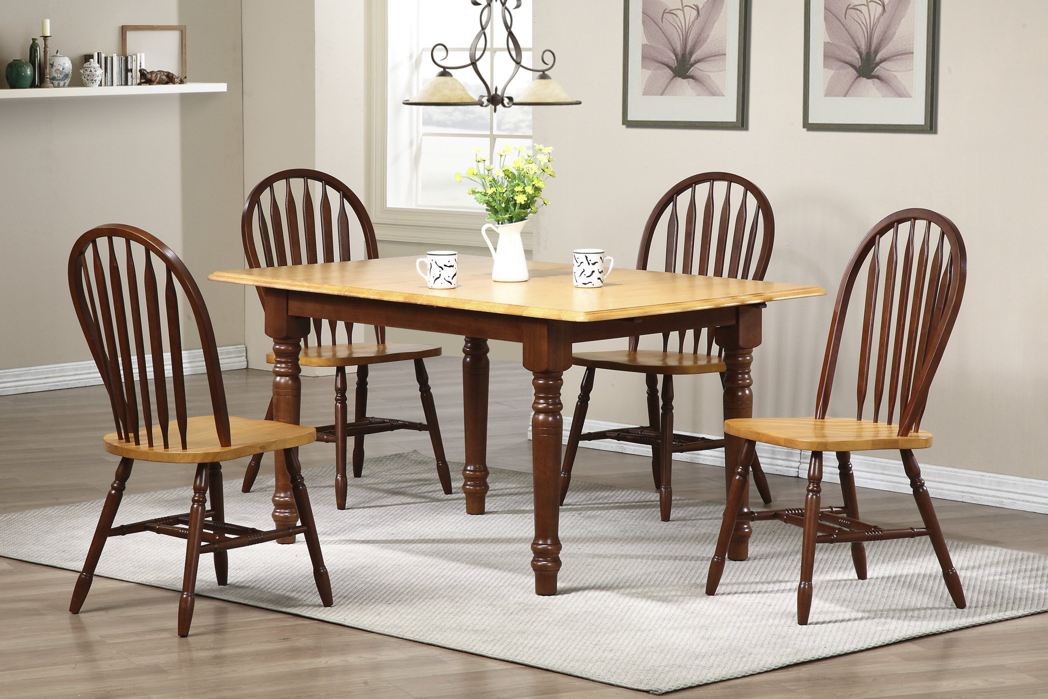 Sunset Trading Dining Set, Wood, Medium Walnut with Light Oak Finish Table Top and Seats, Large, Two Sizes