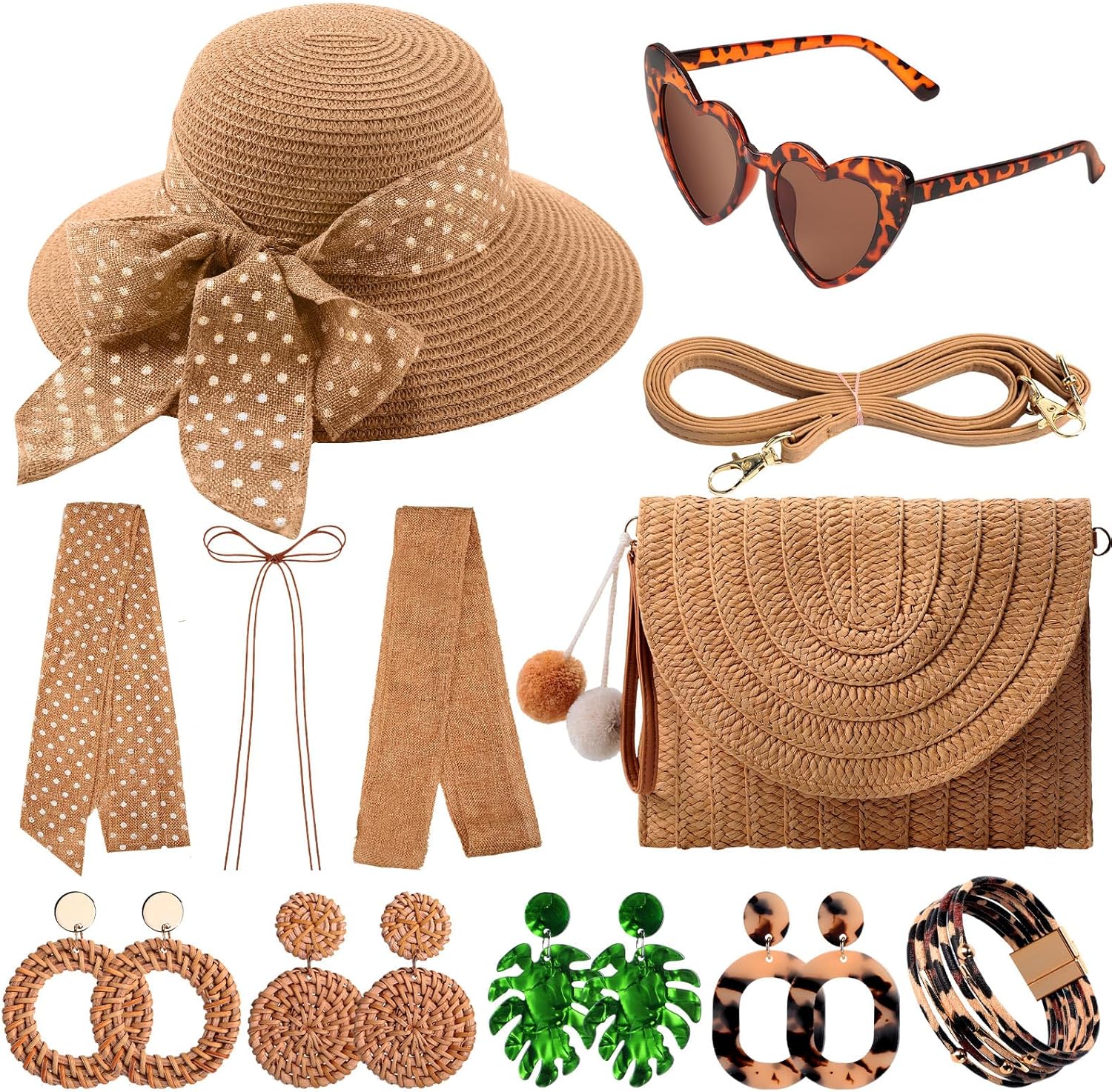 JaGely 15 Pcs Women Summer Beach Hats Wide Brim Straw Hat Straw Shoulder Bag Set with Heart Shape Sunglasses Boho Tropical Earrings Leopard Bracelet Beach Rattan Purse for Women Vacation