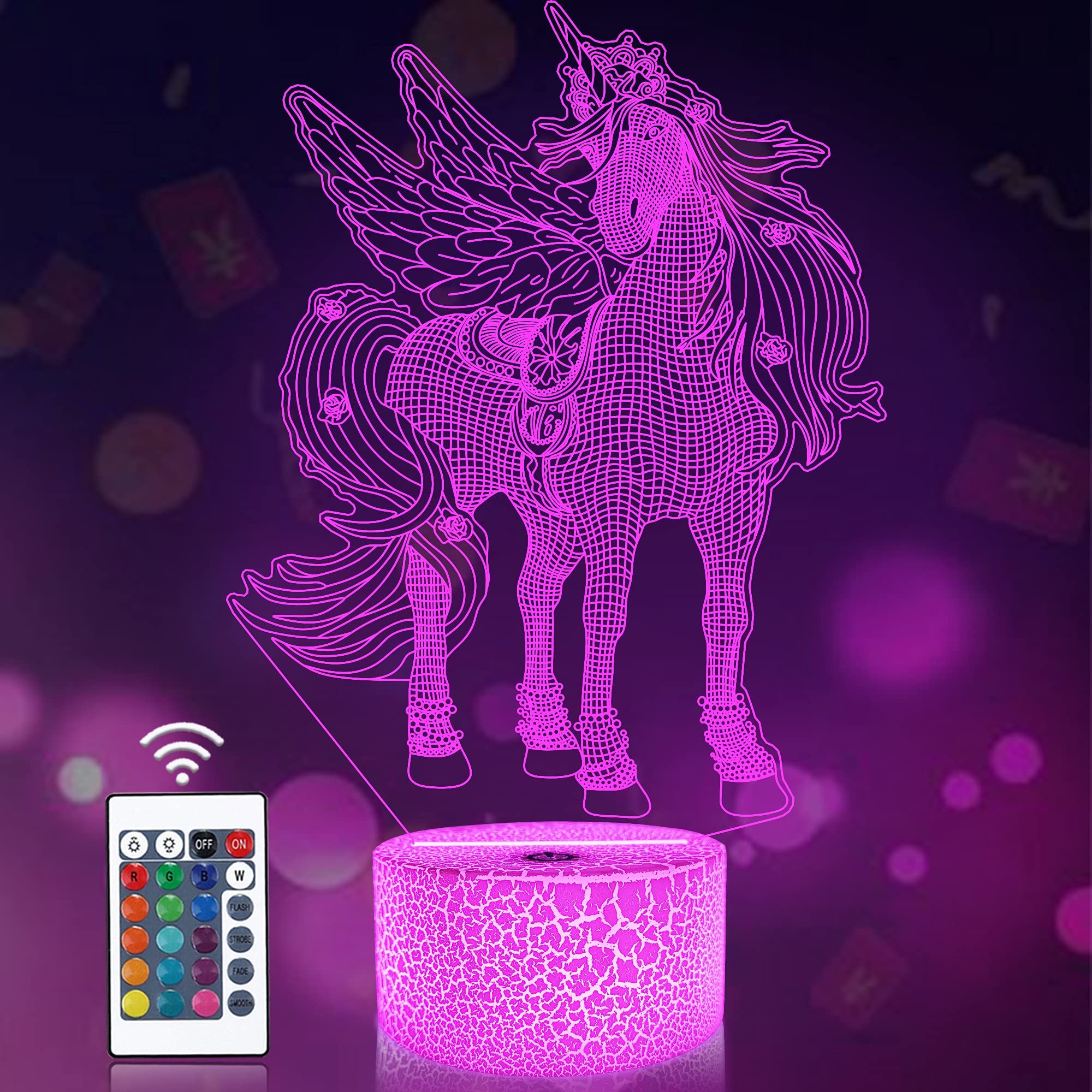 CooPark 3D Einhorn lampe LED Nachtlicht mit Fernbedienung,16 Farbwechsel Wählbar Dimmbare Touch Schalter Nachtlampe Geburtstag Geschenk, Frohe Weihnachten Geschenke Für Mädchen Männer Frauen Kinder
