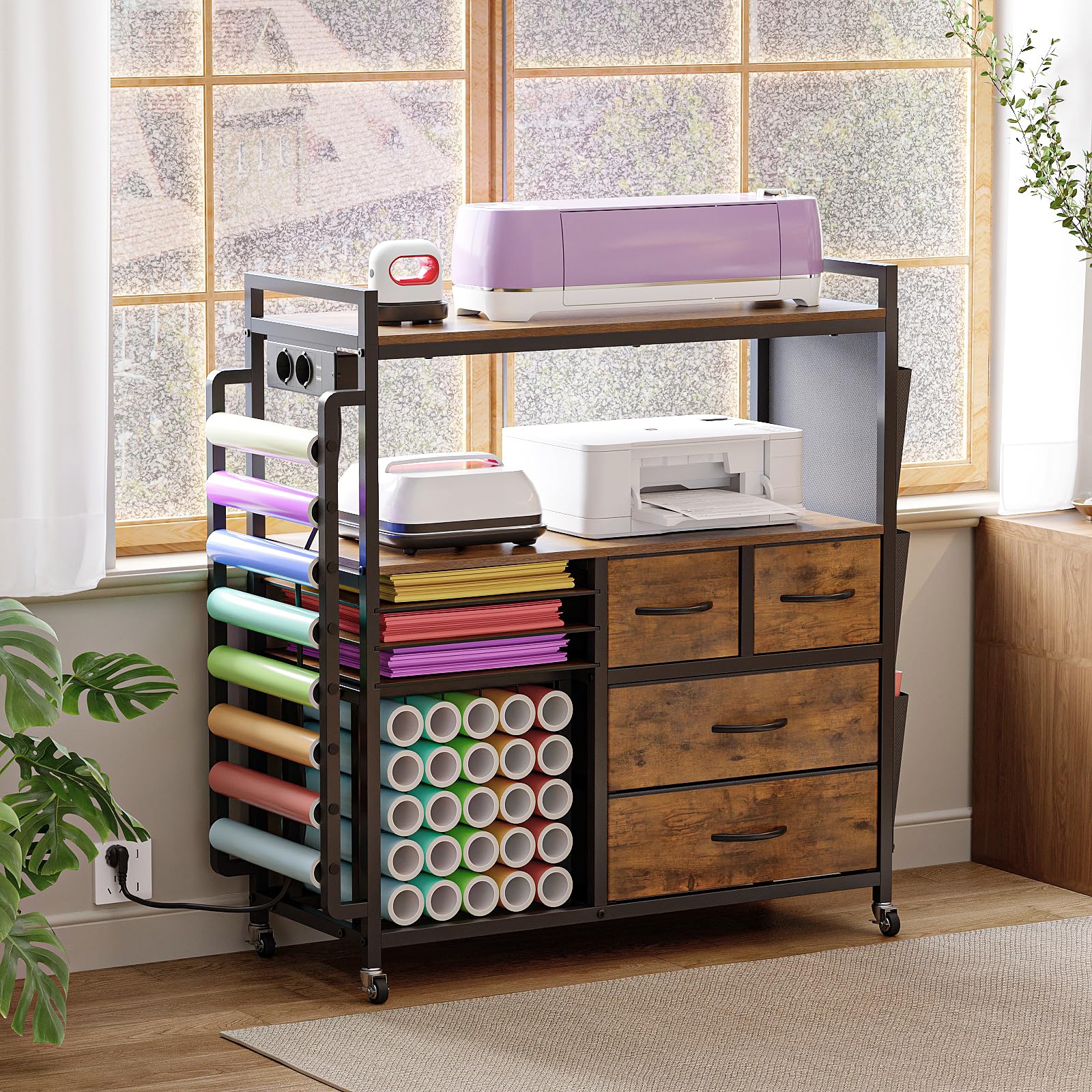 VEDECASA Grande organizer per bricolage, compatibile con macchine Cricut, cassetti in tessuto e porta rotolo in vinile, carrello mobile per la stanza del fai da te (marrone)