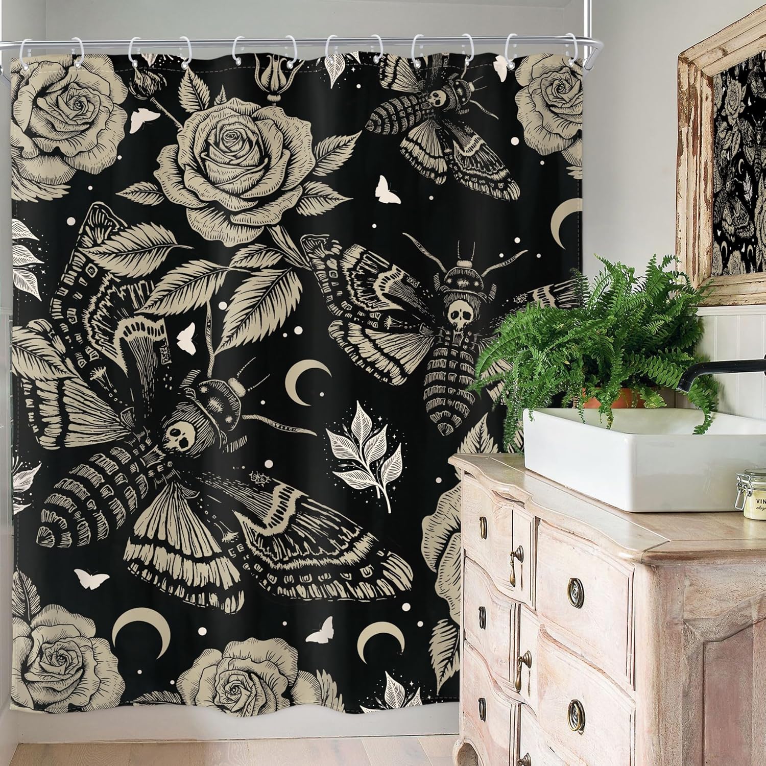 Homewelle Gothic Moth Skull Shower Curtain Mysterious Butterfly Flowers Plants 60Wx72H Inch Vintage Floral Retro Leaves Moon Night Starry Sky Stars Black Waterproof Polyester Fabric Bathroom Bathtub