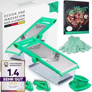 freegreen® Premium Stainless Steel Fruit and Vegetable Slicer with Vblade and Collecting Container. Includes vegetable holder for perfect fruit and vegetable slices as well as julienne