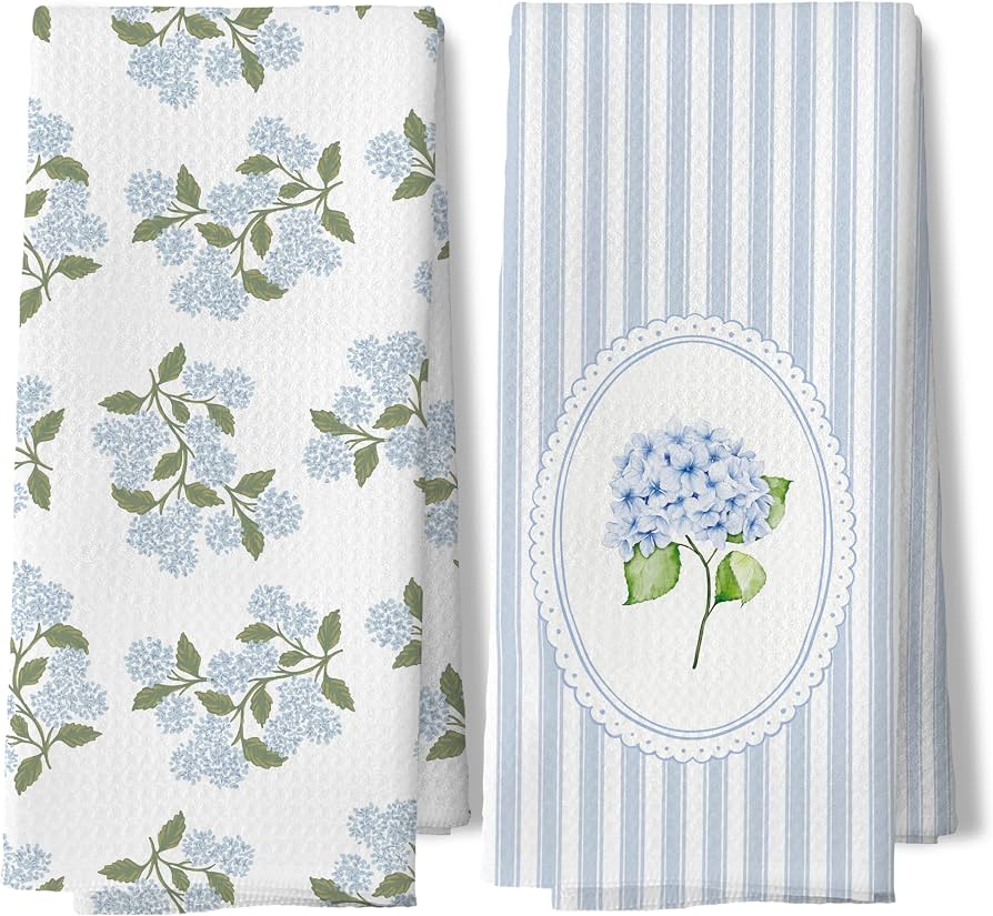 Light Blue Hydrangea Flower Floral Print Kitchen Towels Bathroom Set of 2,Blue Hydrangea Floral Hand Towels for Bathroom Decor Gifts,16x24 Inch