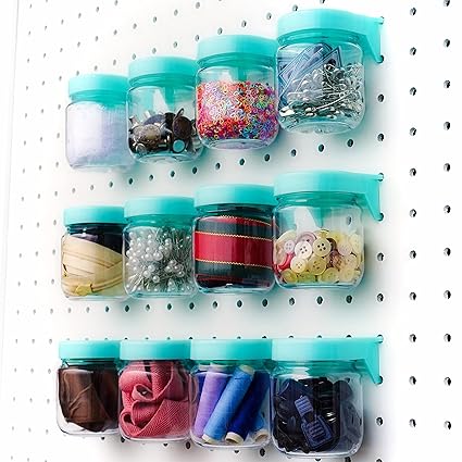 WORLD AXIOM Pegboard Accessories Organizer Storage Jars - Crush & Impact Resistant Plastic Pegboard Jars - One-Handed Locking System - Peg Board Attachments for Craft, Sewing & Garage Storage - Set of