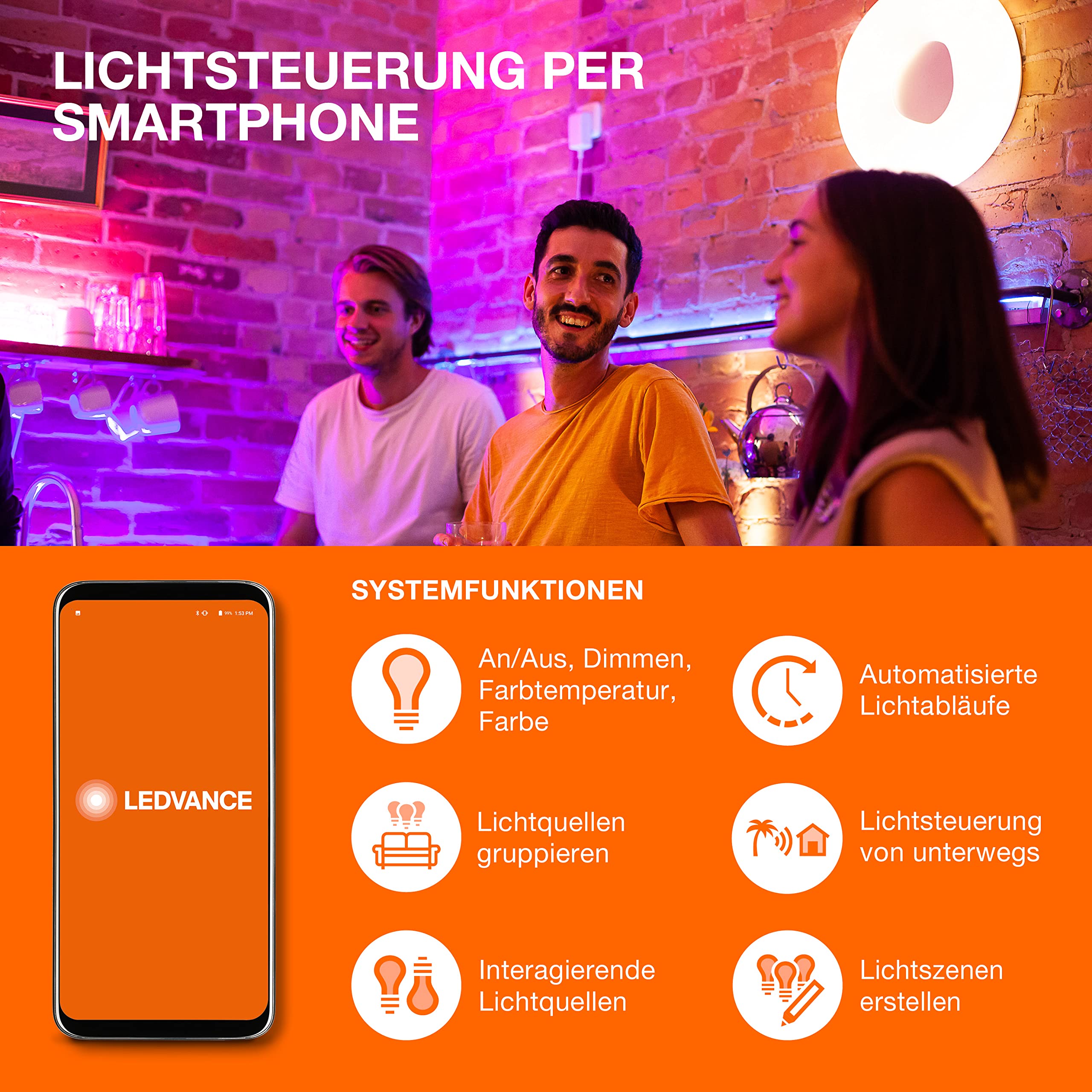 LEDVANCE Smarte LED-Röhre mit WiFi Technologie, 1200mm, 18W, Ersatz für konventionelle T8 Röhren mit G13 Sockel, Dimmbar,Lichtfarbe änderbar (2700-6500K), mit Alexa und Google Voice steuerbar,6er-Pack