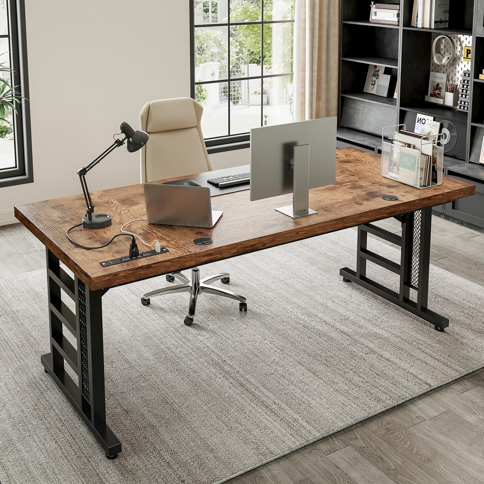 Coleshome 71 Inch Executive Desk with USB Ports, Large Computer Desk with Extra Thick, Long Mordern Office Desk, Workstation Business Furniture for Home Office, Vintage