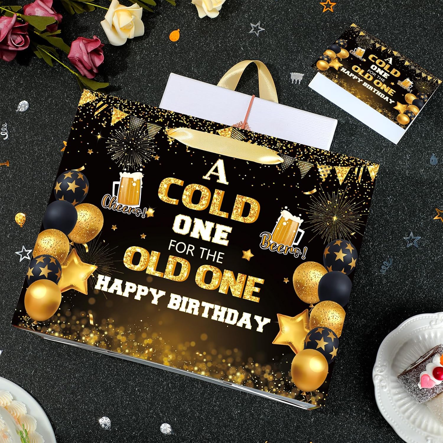 Beer Birthday Gift Bag for Men A Cold One for The Old One Beer Theme Party Decor Black Gold Happy Birthday Bag with Tissue Paper and Card Cheers and Beers to 40 Years 50th 60th Bday Party Suppllies