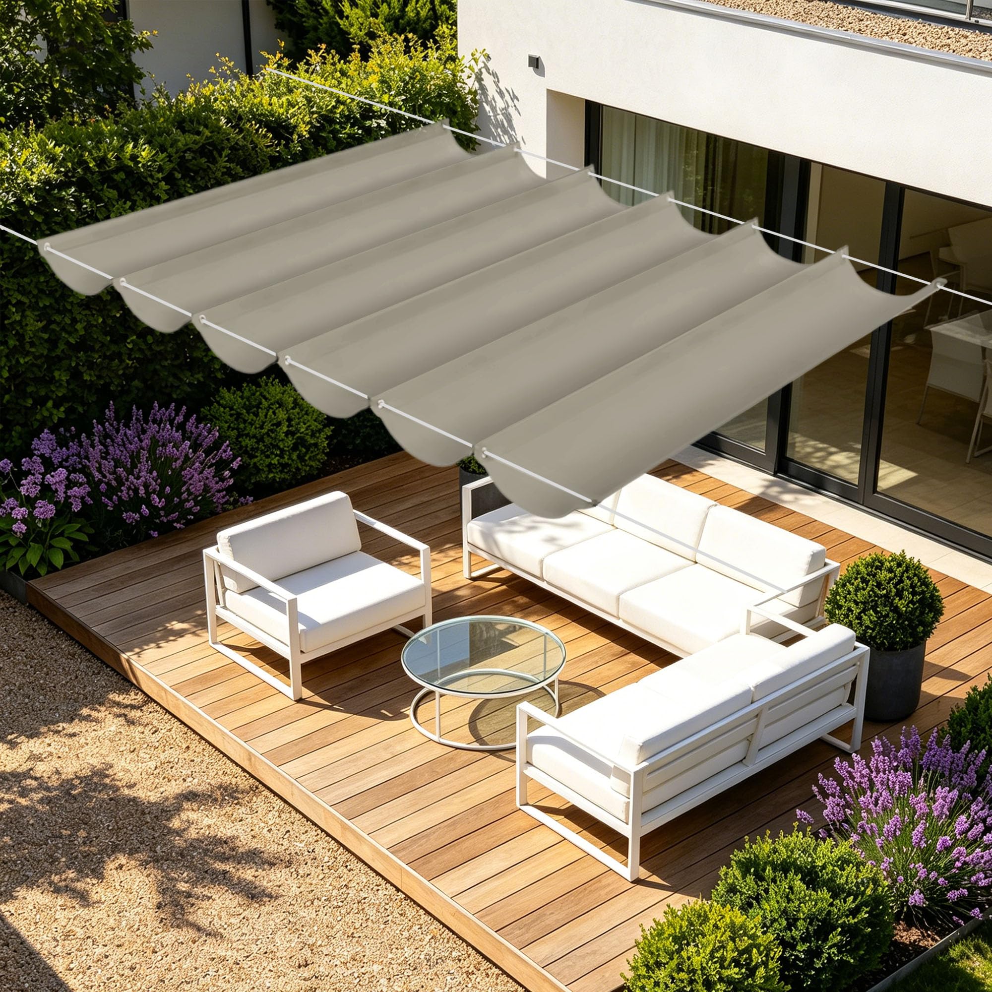 Toile ombrage rétractable vague 200x420 pour repas sur terrasse ombragée