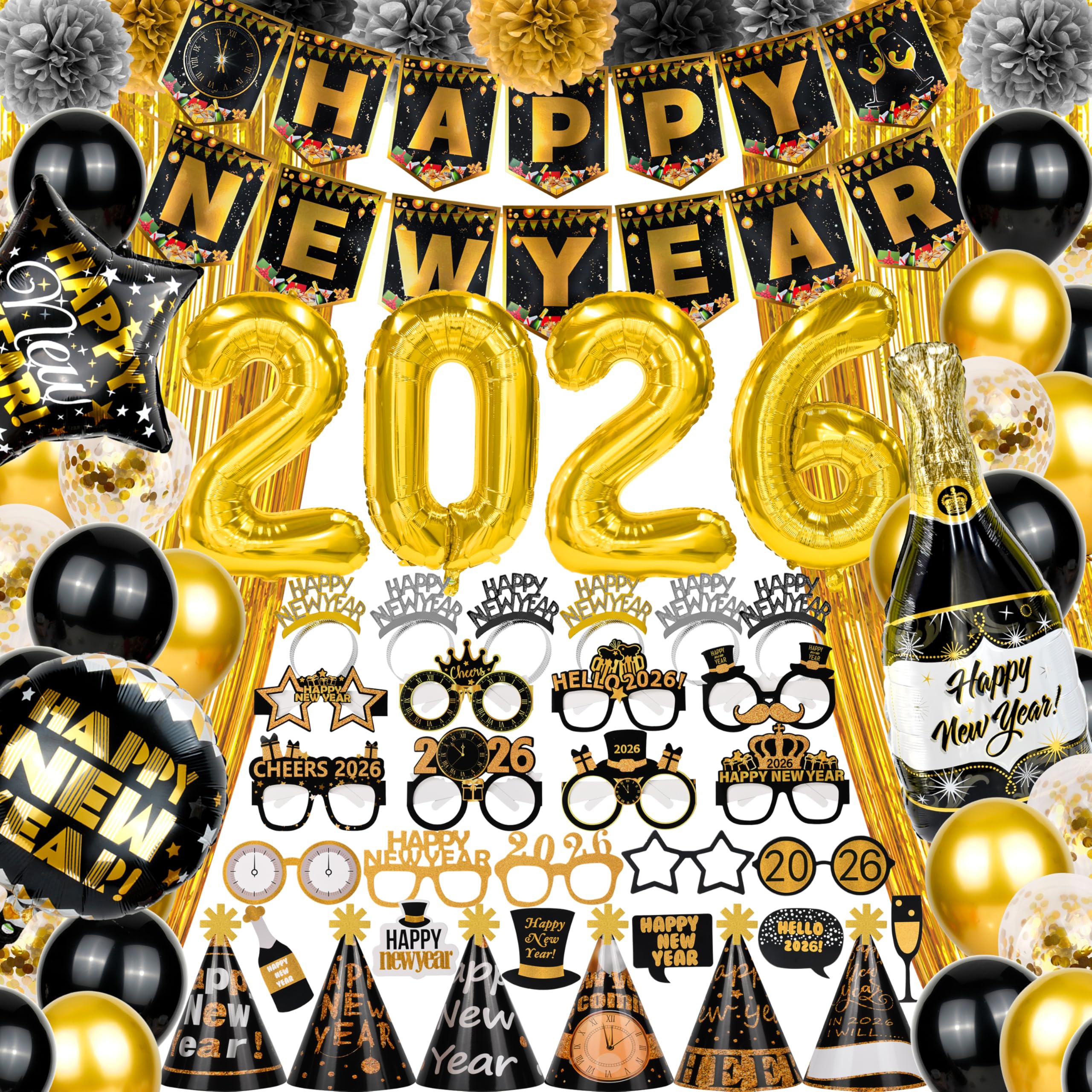 Hoplito 136 Pcs 2026 Happy New Year Eve Decorations Set, Black and Gold Number Balloons Banner Fringe Backdrop Photo Props Hats Glasses for New Year’s