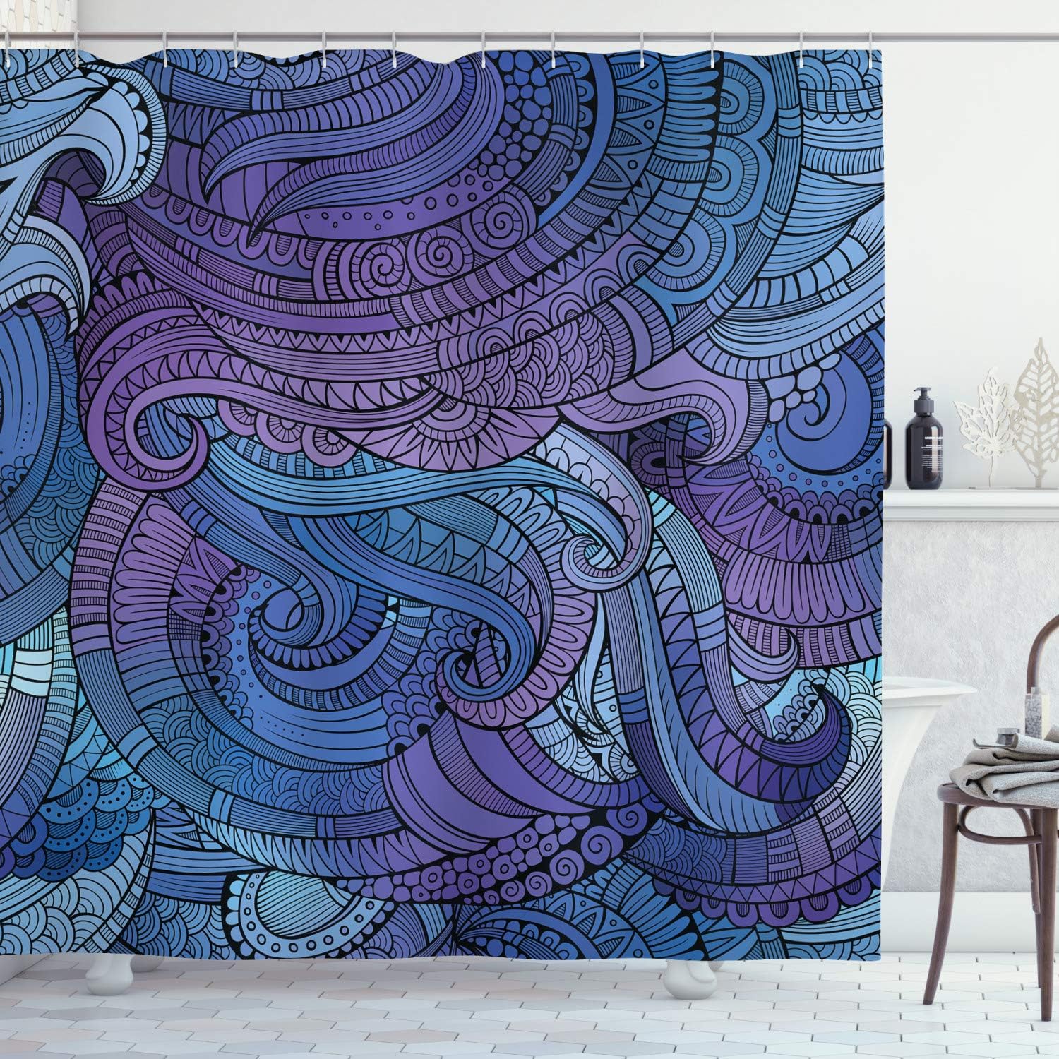Ambesonne Abstract Shower Curtain, Ocean Inspired Graphic Paisley Swirled Hand Drawn Artwork Print, Cloth Fabric Bathroom Decor Set with Hooks, 69" W x 70" L, Purple Blue