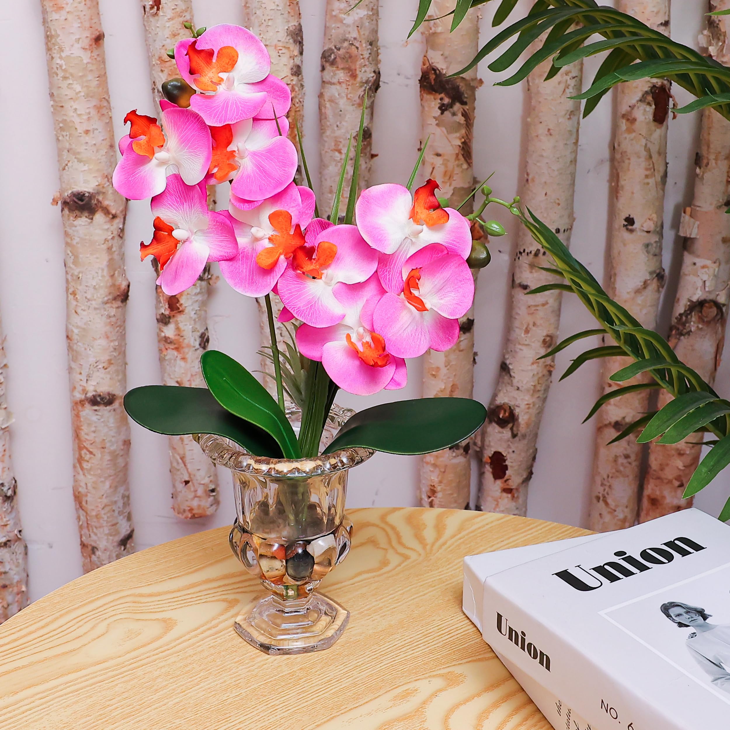 Alyphyly Artificial Flower Bonsai with Wine Glass Vase Vivid Orchid Flowers Arrangement Phalaenopsis Flowers Pot for Home Office Décor Table Centerpiece House Decorations(Glass Vase/Purple Orchid) - Image 3