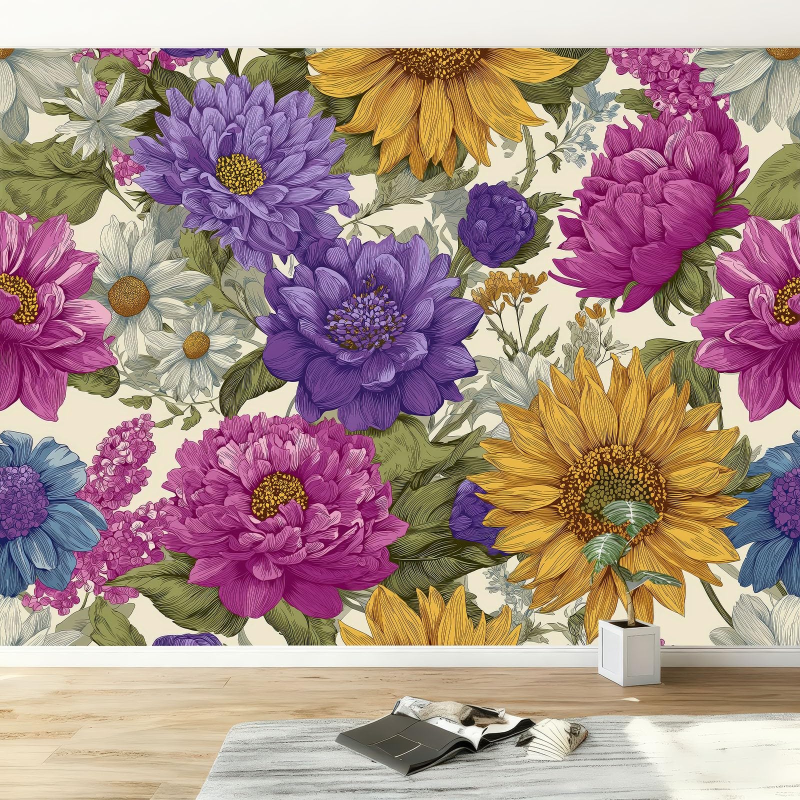 Poster mural xxl toison pour masquer un mur salon avec un papier peint aquarelle floral