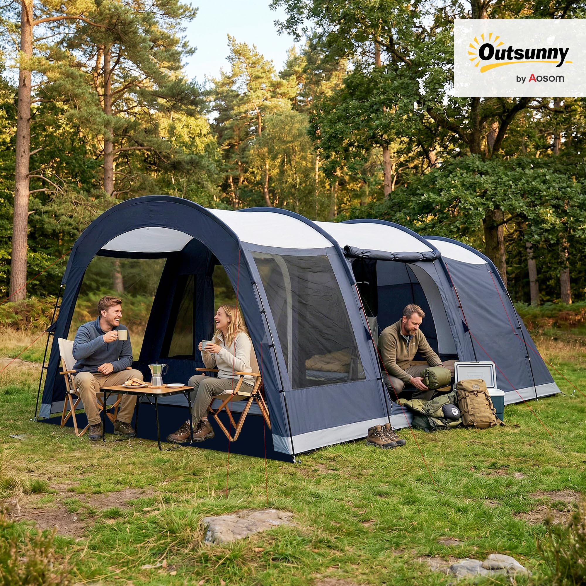 Outsunny Tenda Campeggio a Tunnel per 2-4 Persone Alta 210cm con 2 Stanze, Tenda da Campeggio Familiare Impermeabile 3000mm con 3 Porte, 6 Finestre, Gancio, Borsa Trasporto, per Trekking, Blu Navy