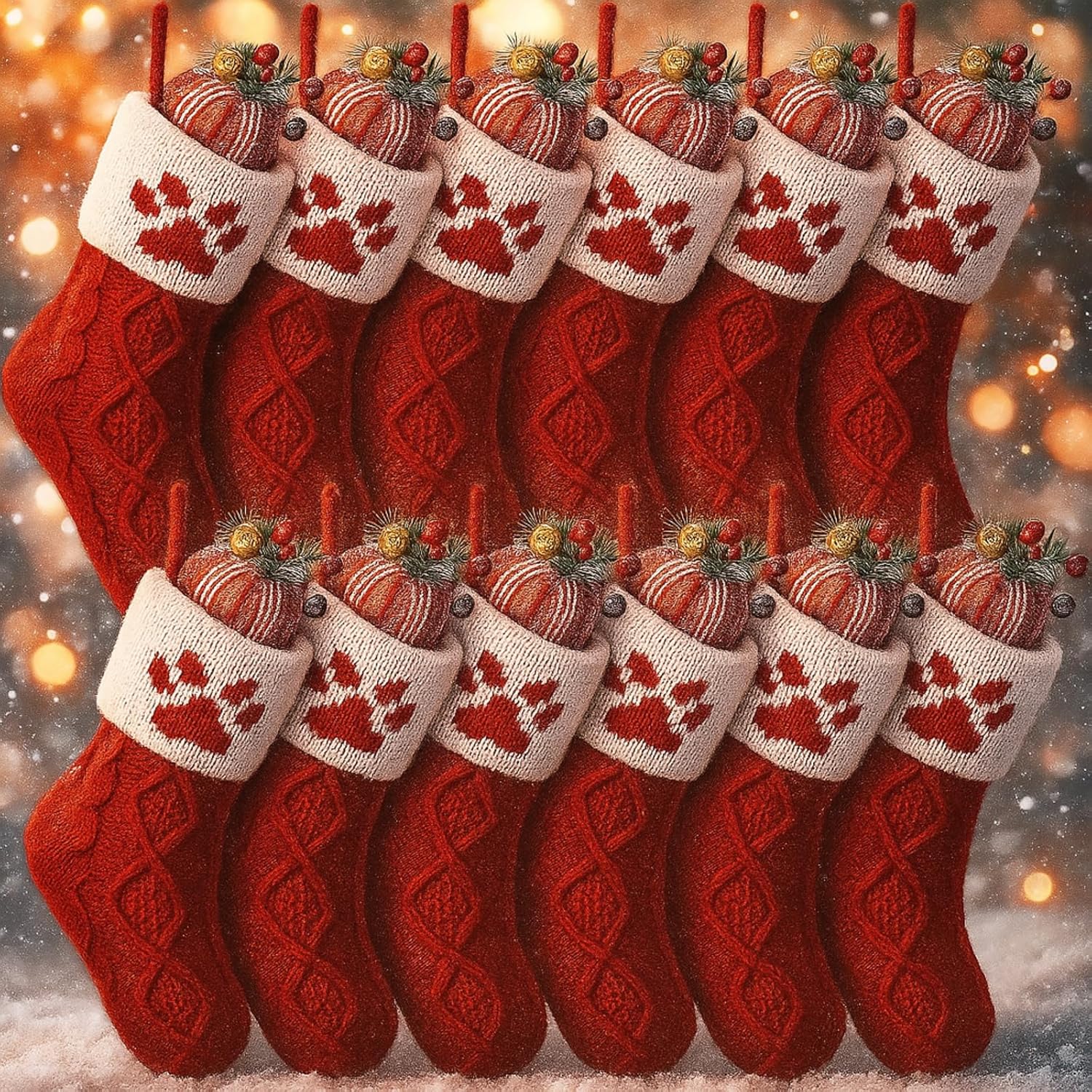 Soulchen 12 Pcs 8.3 Inch Mini Red Christmas Stockings Bulk Pet Paw Pattern Christmas Stocking Xmas Fireplace Hanging Holding Bags for Xmas Winter Family Holiday Party Decor