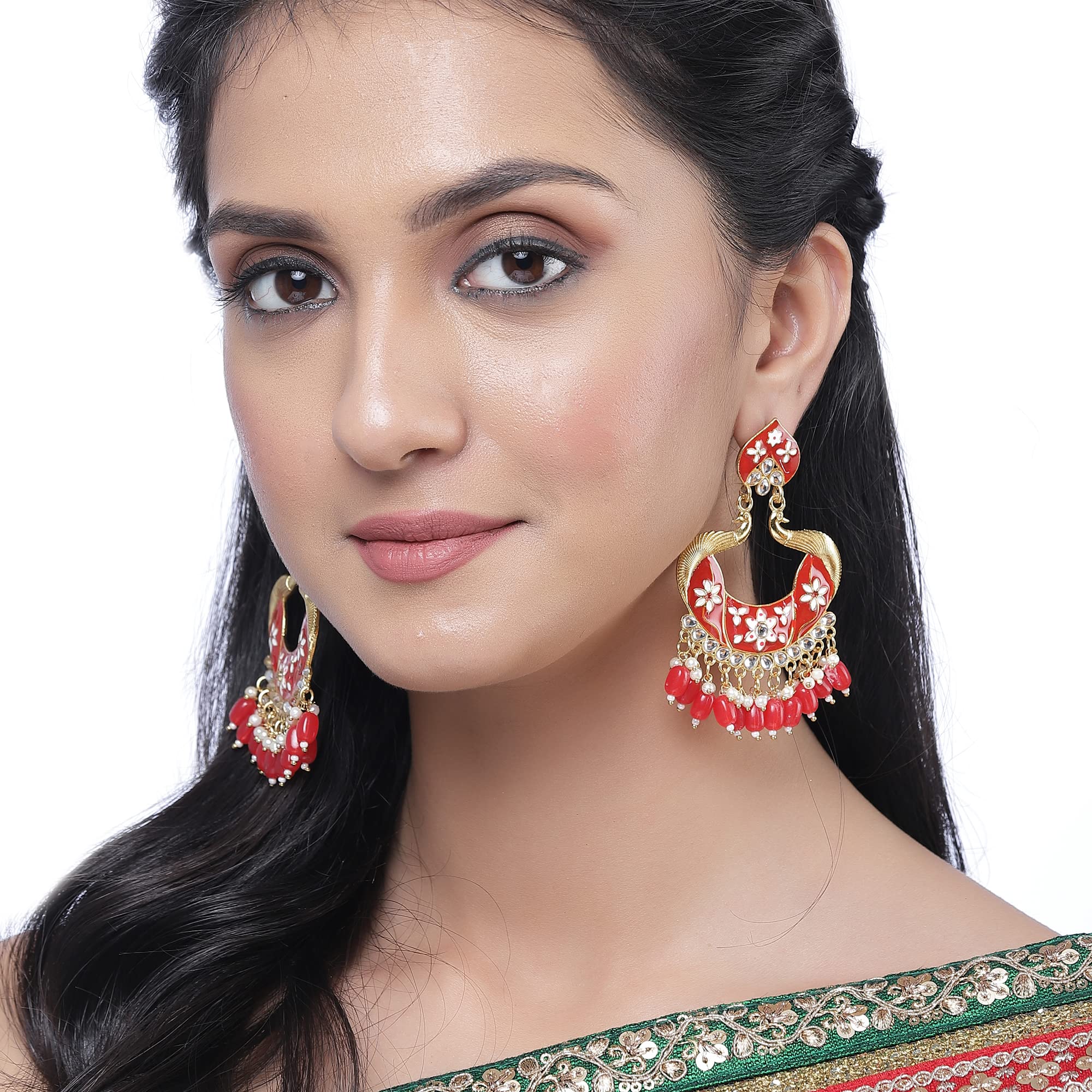 Gold-Plated Peacock Earrings with Kundan & Pearls