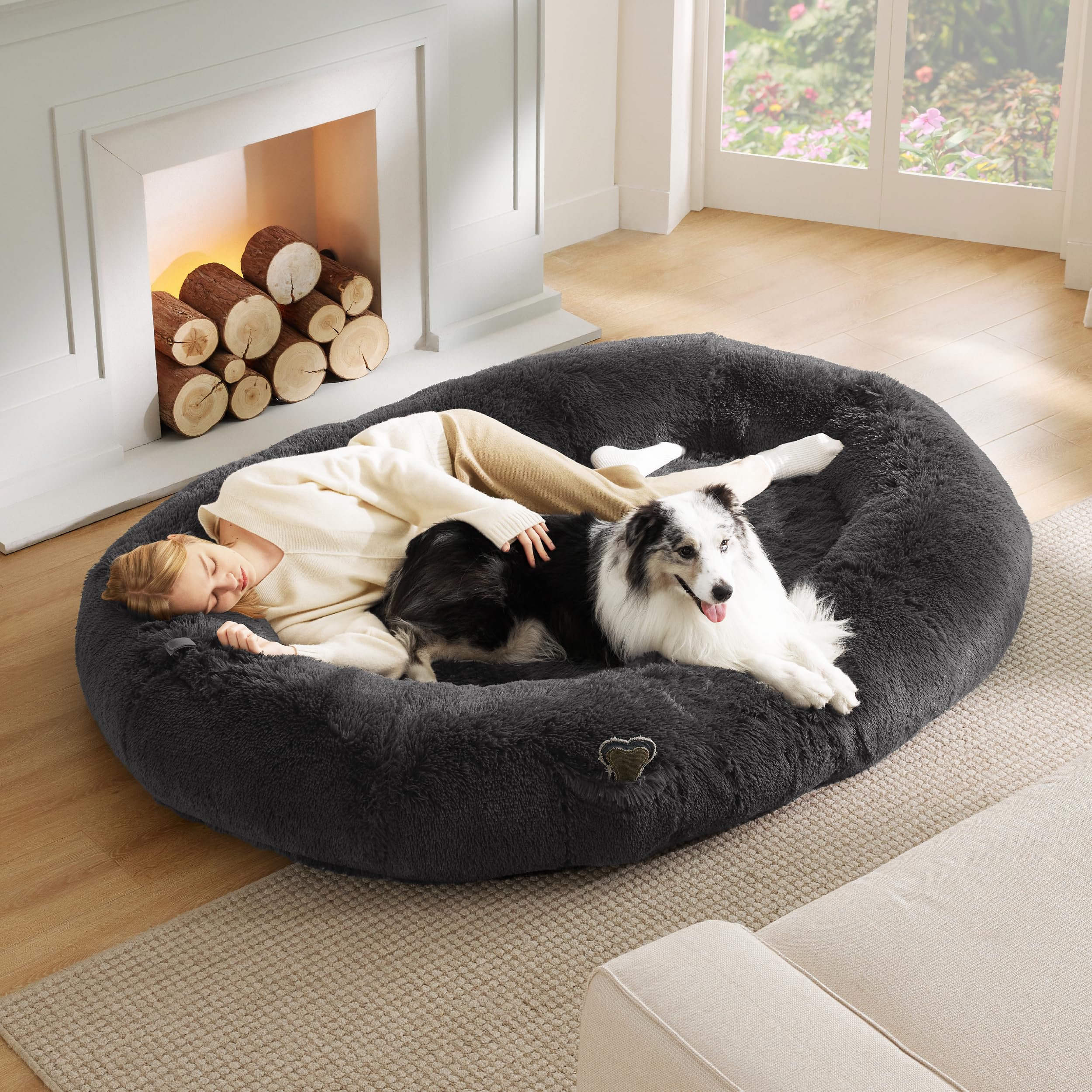 Bedsure Human Dog Bed for People Adults, Calming Human Size Giant Dog Bed Fits Pet Families with Memory Foam Supportive Mat and Storage Pocket, Fluffy Faux Fur Orthopedic Dog BeanBed, Dark Grey