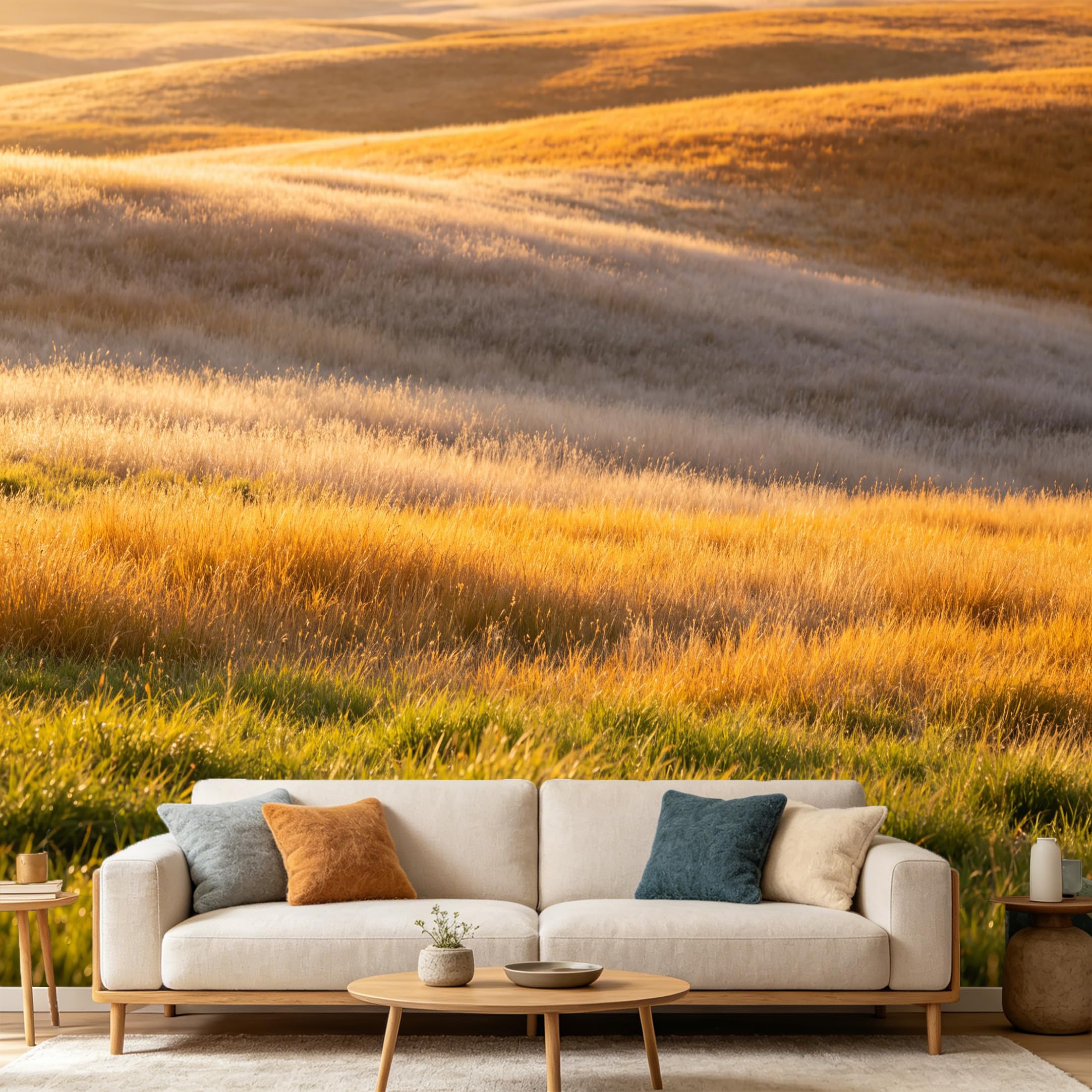 Custom Size Wall Mural Golden Sunset Meadow Landscape Minimalist Nature Scenery SelfAdhesive Art Prints wall Fabric（No PVC） Removable Wallpaper Home Bedroom Decor