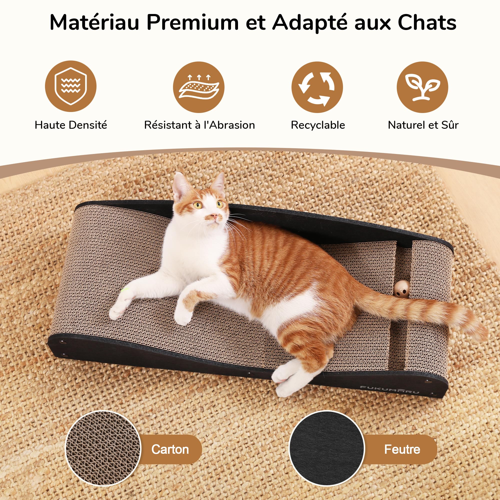 FUKUMARU Grattoir pour Chat, 73,9 cm Extra Long Lit Canapé en Carton d'Intérieur, Récréation Multifonctionnelle en Feutre Naturel, Tapis de Griffure Horizontal avec Balle Jouet, Noir