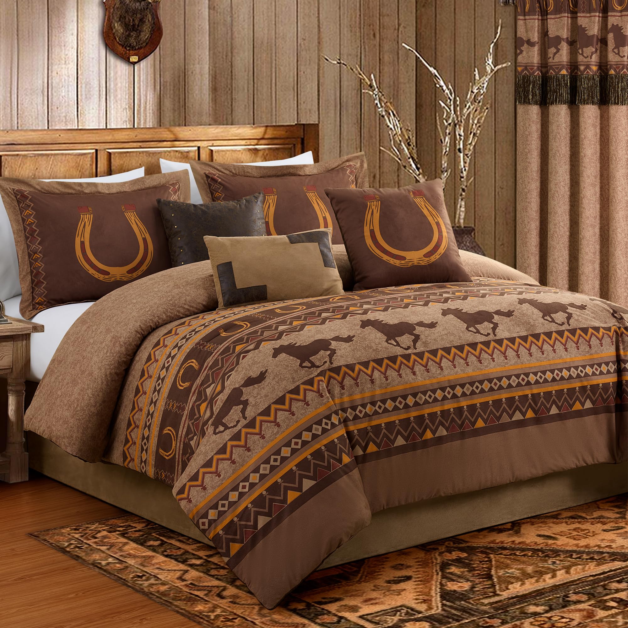Sedona by Chezmoi Collection 7-parçalı Southwestern vahşi atlar, Microsuede nevresim takımı yün set, Kahverengi, Queen