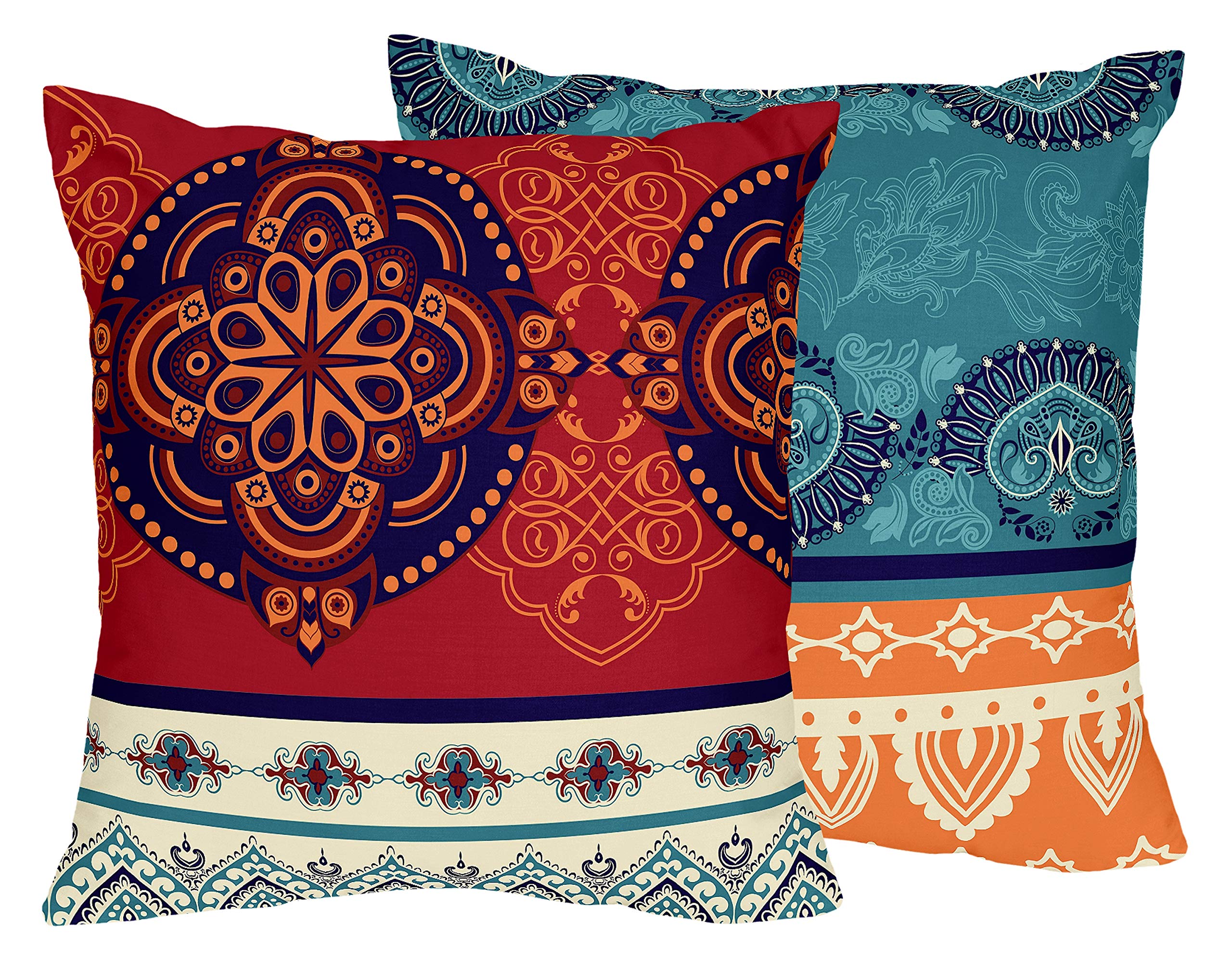 Boho Mandala Bohemian Chic Square Accent Decorative Couch set of 2 18x18 Throw Pillow Cover Case Indian Tapestry Turquoise Hipster Hippie Patterned Retro Ethnic Vintage Colorful Teal Blue Red Orange