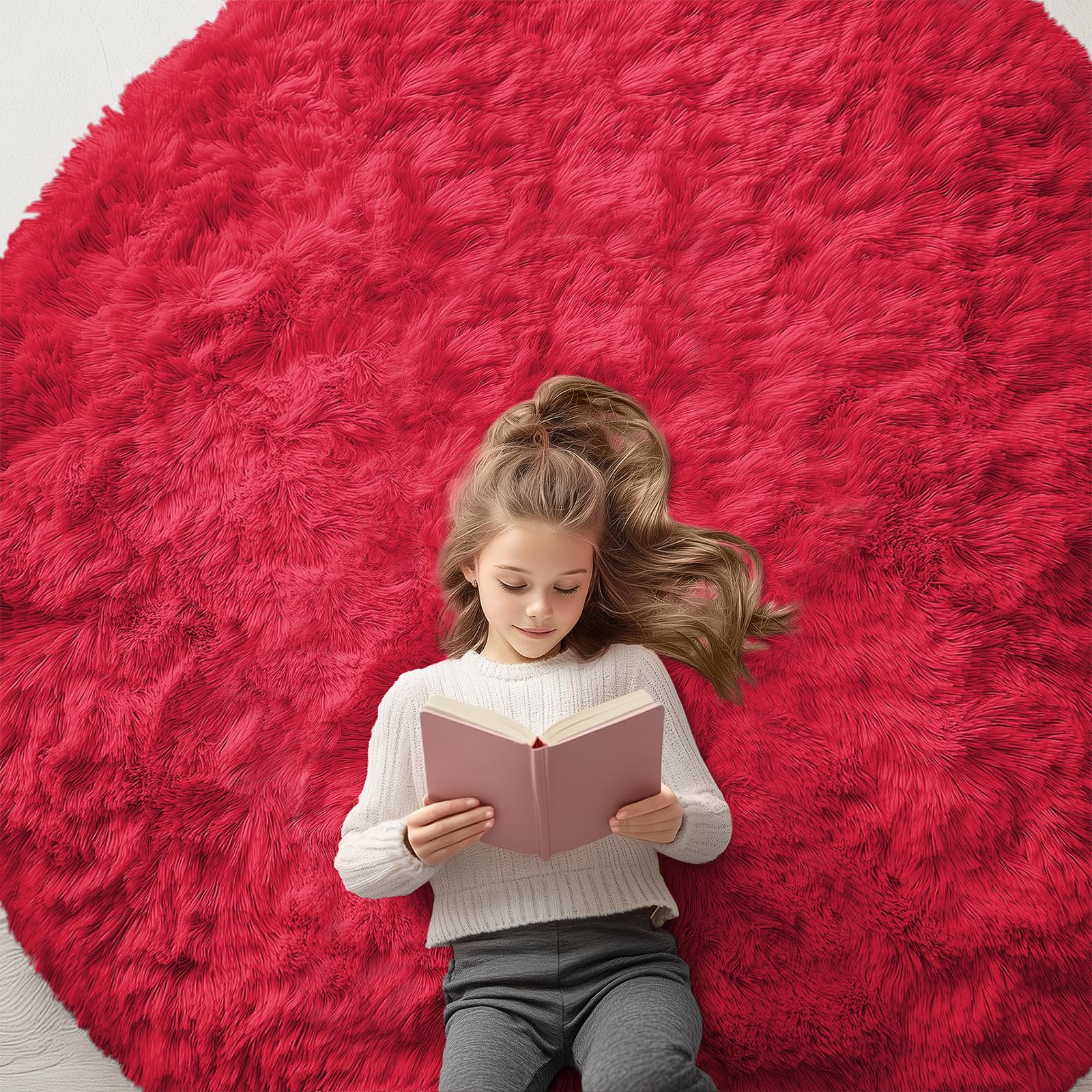 OLANLY Red Round Rugs for Bedroom Machine Washable Circle Rugs 6x6 Feet for Living Room, Soft Fluffy Shaggy Rug for Teen Kids Bedrooms, โ image 1
