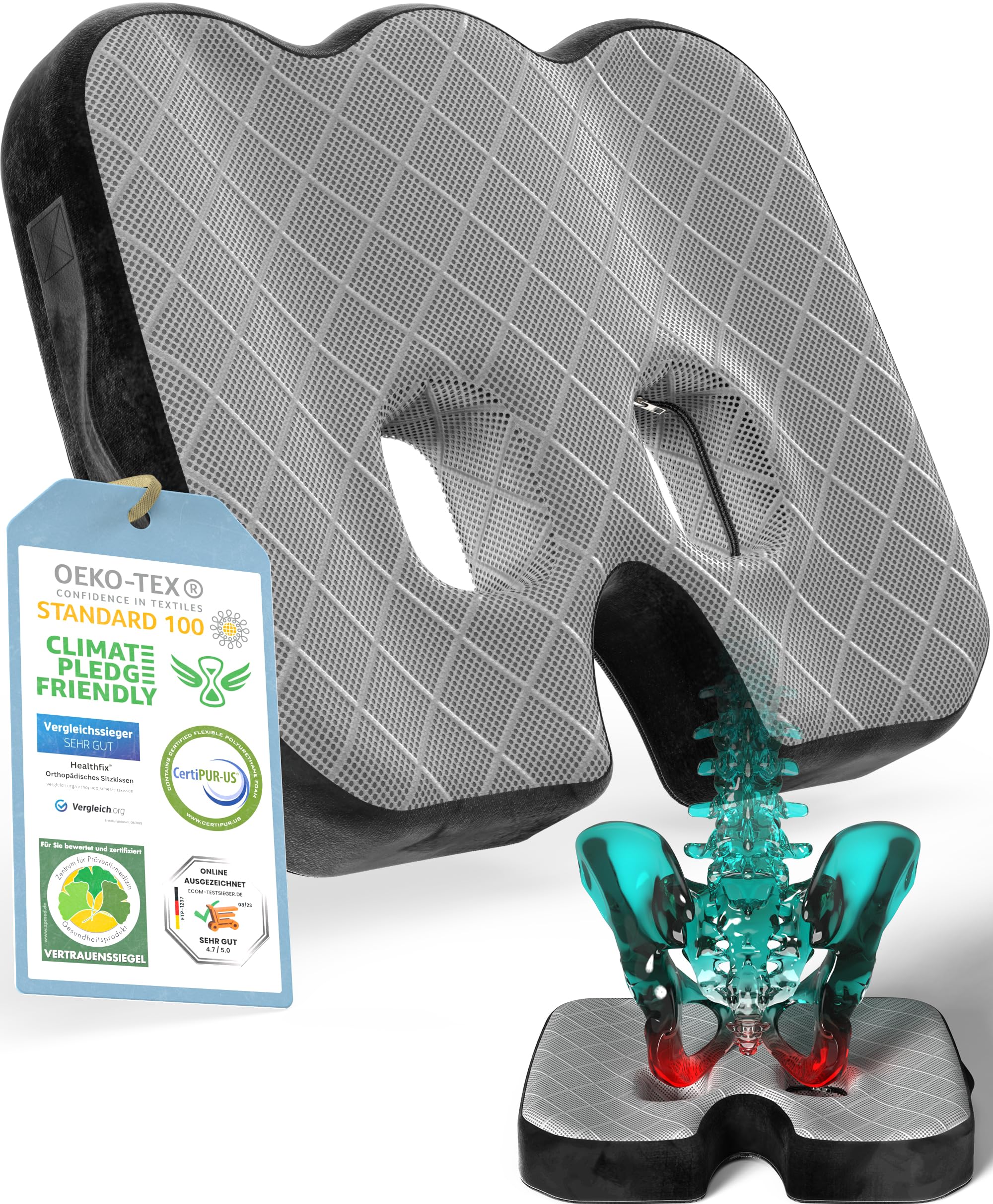 Healthfix® Ortopedyczna poduszka do siedzenia z pianki z pamięcią kształtu, na krzesło biurowe i samochód, poduszka łagodząca ból kości ogonowej i rwy kulszowej, ergonomiczna podkładka na krzesło z