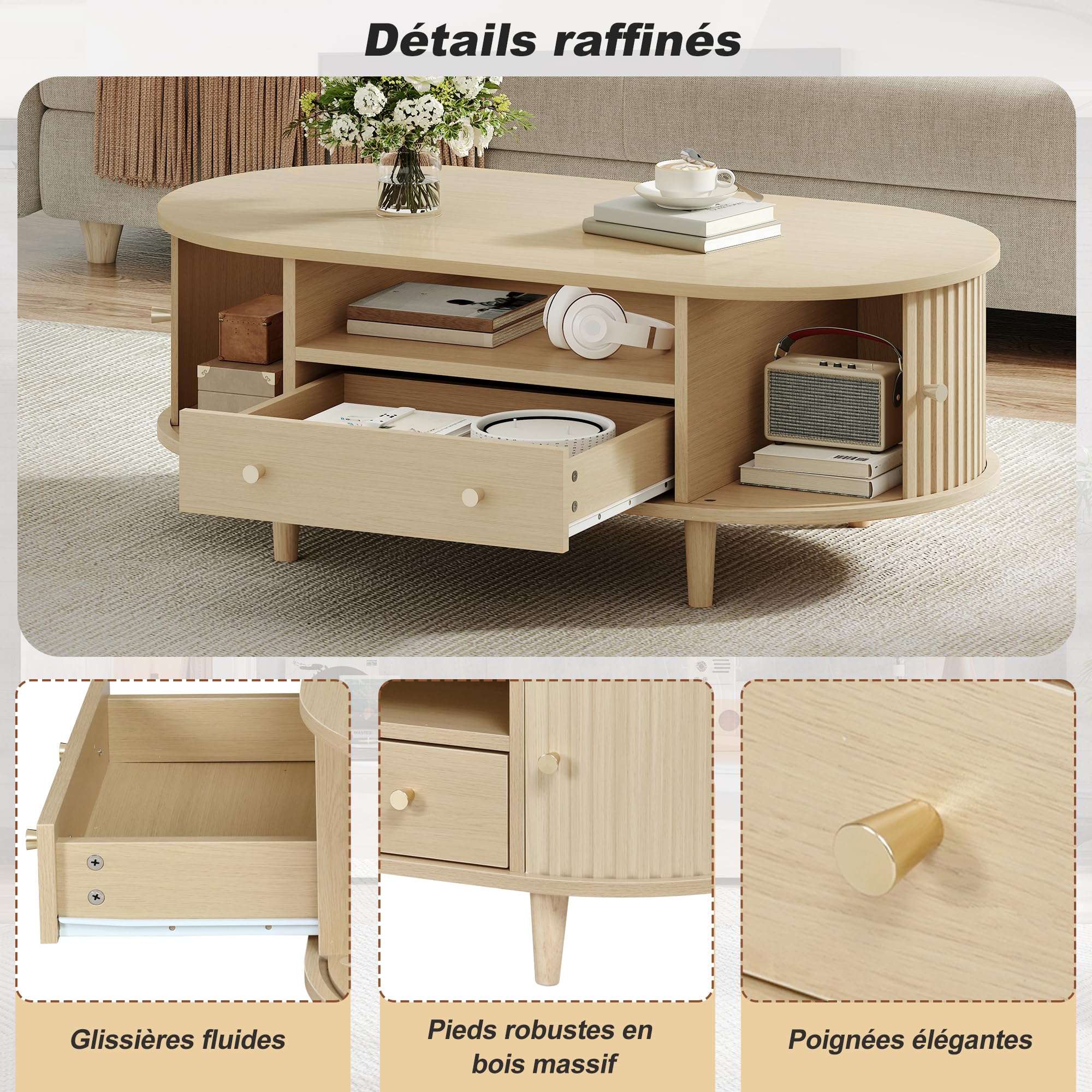 Table Basse Salon Ovale 100x50x36 cm avec Porte à roulettes et Rangement, Petite Table de Salon en Bois, Design Moderne pour Canapé et Petit Espace