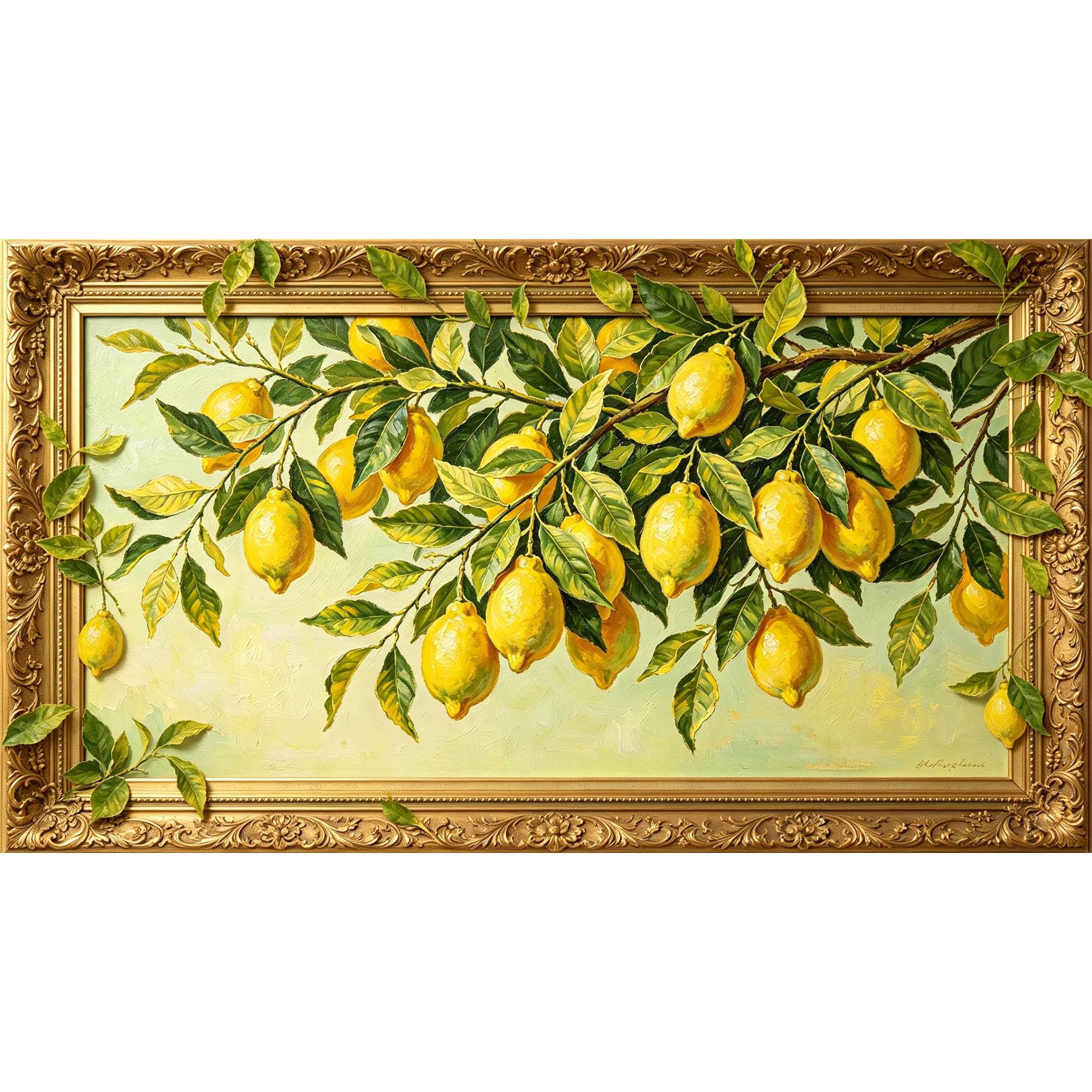 QZLITHOTIC 50x90cm3D Framed Wall Art， Botanical Lemon Branch Oil Painting Style Self‑Adhesive Mural， Water‑Activated Peel & Stick Fabric Decor Wall Decal for Bedroom Living Room