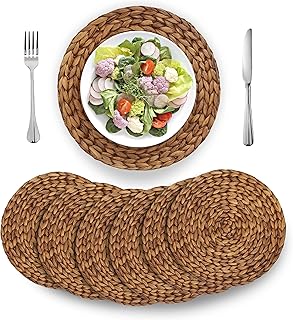 BARIEN Brown Woven Placemats Round Set of 6, Natural Water Hyacinth Weave Placemat for Dining Table, Large Handmade Woven Placemats Heat Resistant Non-Slip (12")