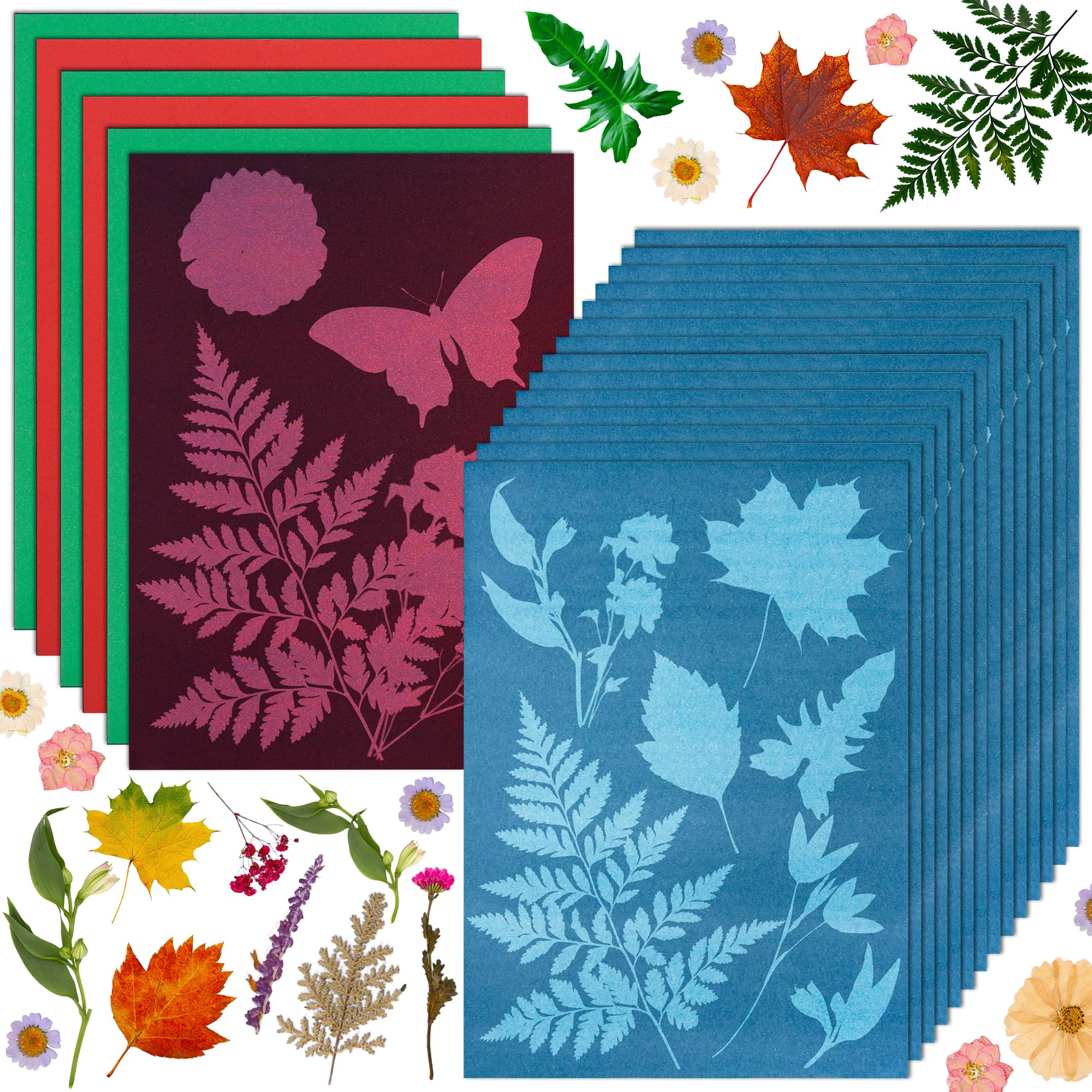 Caydo 20pcs Cyanotype Paper Kit with 6 Sheets Color Cyanotype Paper, A5 Sun Print Paper for Kids Nature Crafts, Solar Printing Kit with 4 Stencils, DIY Art Gifts for Home Decor