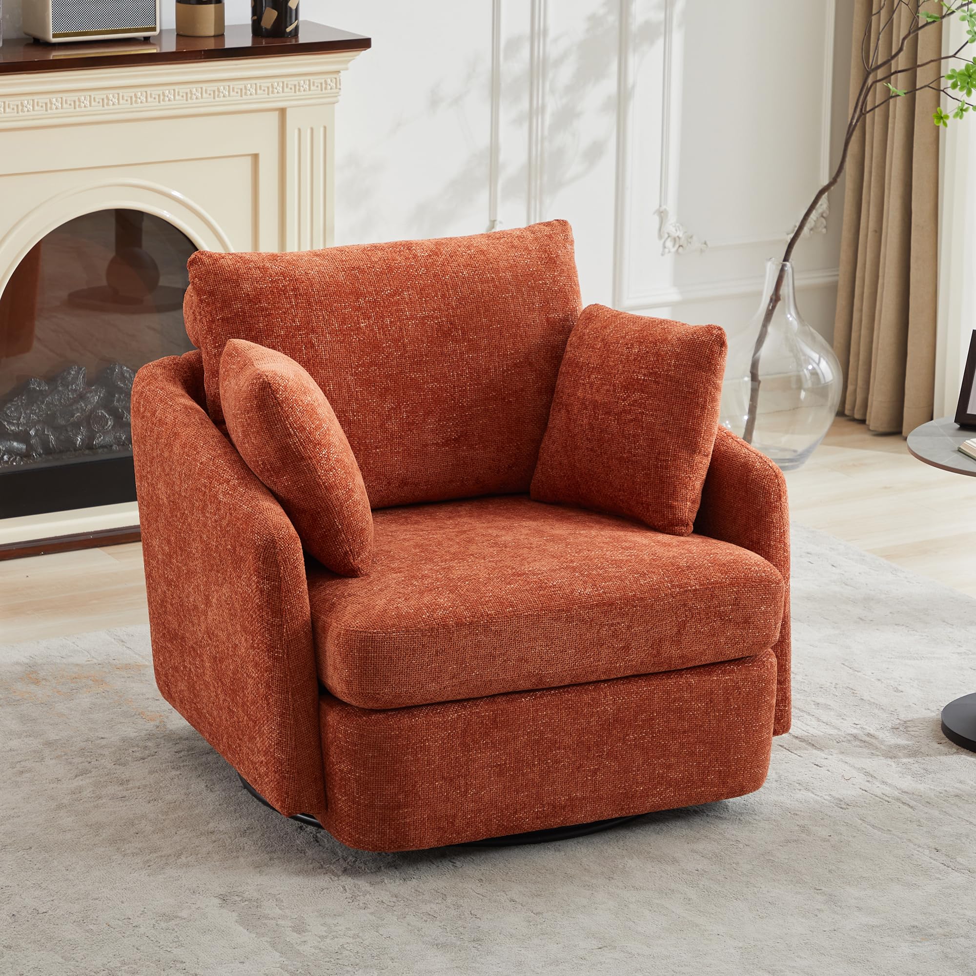 Swivel Accent Chair 40.55" Chenille 360 Degree Swivel Round Oversized Arm Cozy Club Chair with 2 Throw Pillows for Bedroom Living Room Lounge Hotel Orange
