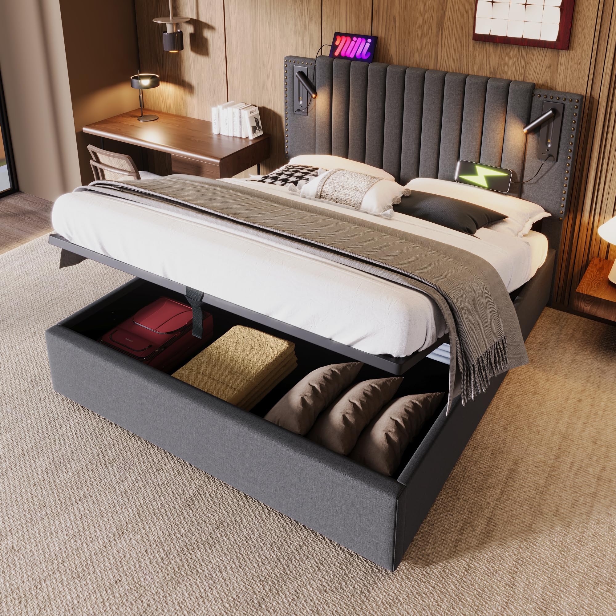 Letto imbottito idraulico luce lettura con ricarica USB testiera letto matrimoniale king size schienale rivettato letti familiare contenitore adulti per gli ospiti grigio senza materasso 160x200