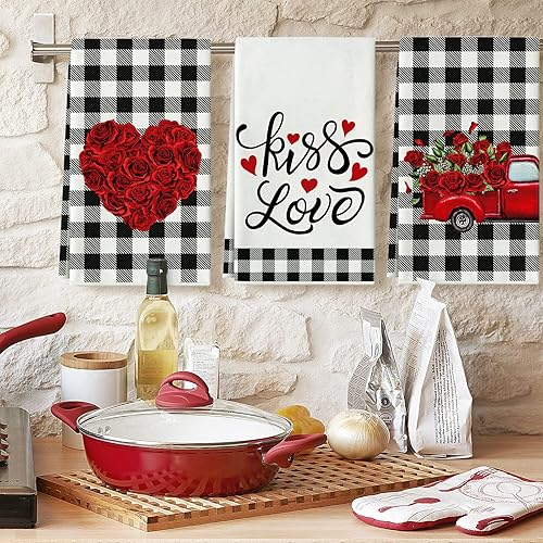 Miniatura 5 de AnyDesign Toalla de cocina para el día de San Valentín toalla de cocina con flores de rosas 18 x 28 pulgadas color blanco y negro toalla de secado a