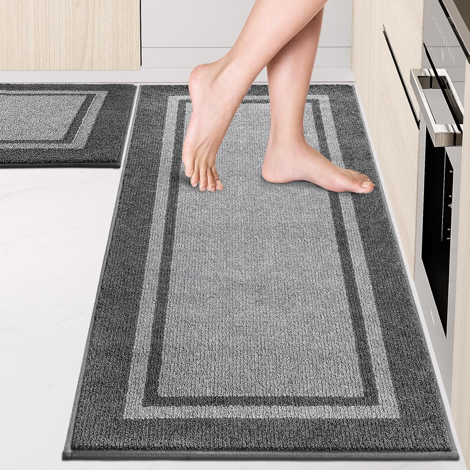 Kitchen Rugs Set (24" x 36"+24" x 60"), Non-Slip Machine Washable Kitchen Runner Rugs Floor Mats, Absorbent Comfort Standing Mat for Kitchen, Sink and Hallway, Rolled Packaging, Light Grey & Dark Grey