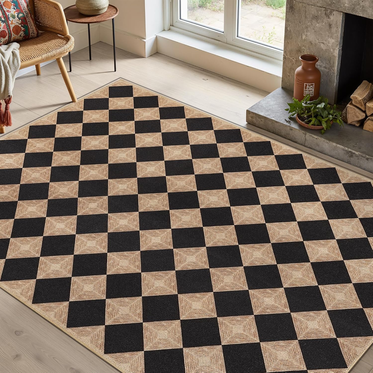 5x7 Checkered Easy Jute Rug – Washable Non-Slip Indoor Outdoor Carpet, Black Textured Diamond Pattern, Neutral Area Rug for Living Room, Bedroom, Dining Room, Patio, Farmhouse Style