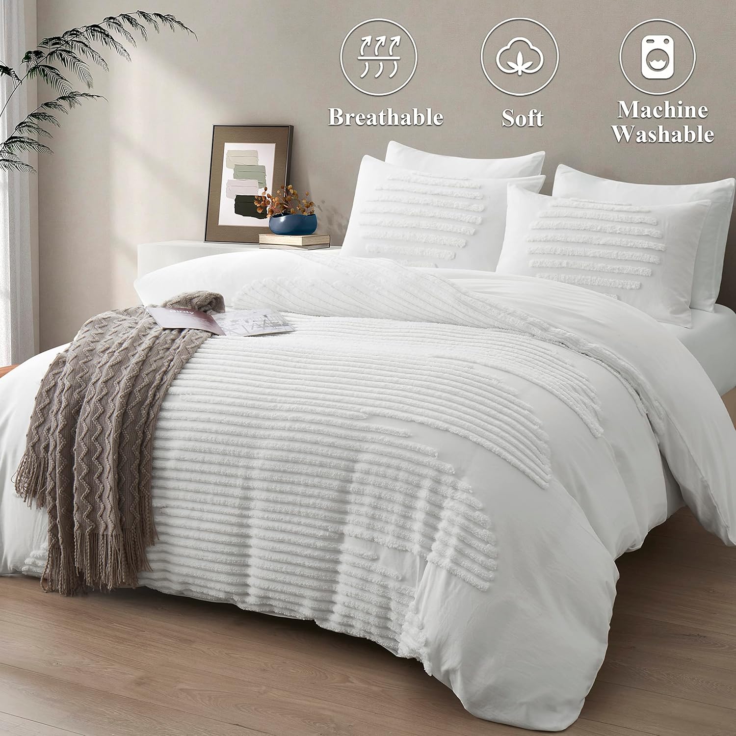 BEDAZZLED Queen Size Duvet Cover, 5 Pieces White Textured Duvet Cover Sets, Soft and Breathable Boho Tufted Bedding Comforter Cover Set for Gifts, Comforter Not Included (White, Queen) - Image 2