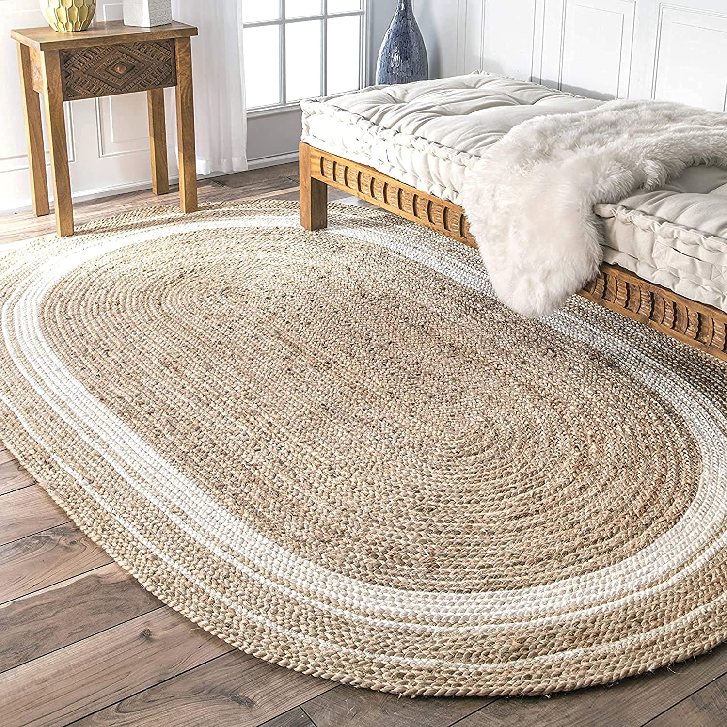 Home Furnishing Handwoven Jute White Design Oval Rug, Natural Fibers, Braided Reversible Carpet for Bedroom, Living Room, Dining Room and Colors (O White D, 4x6 feet),-image-11
