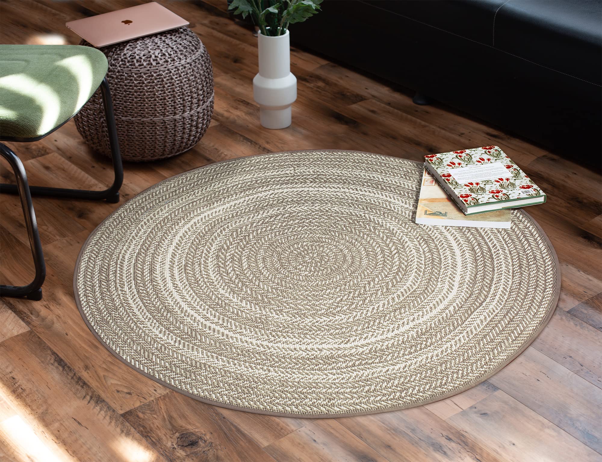 DomDeco In- und Outdoor-Teppich Rund - 120x120cm - Stilvoller Teppich für Innen- und Außenbereich - Taupe-Beige