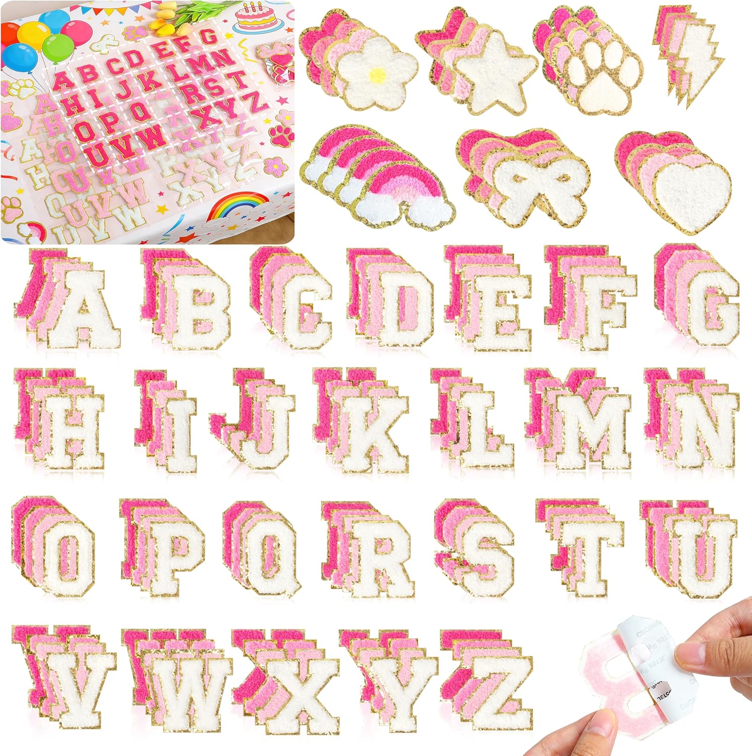 NICEVINYL Self Adhesive Chenille Patches：132PCS Pink Pre-Sort Varsity Letter Patch for DIY Initial Bags Backpacks Hats - Heart Star Bowknot Cute Patch Stickers for Birthday Party Gifts Craft