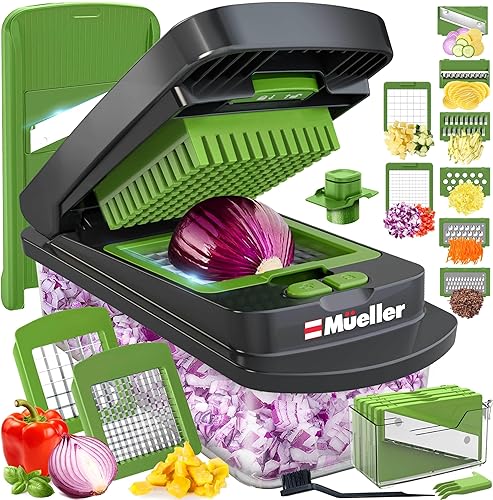Mueller Pro-Series 10-in-1, 8 Blade Vegetable Chopper, Onion Mincer, Cutter, Dicer, Egg Slicer with Container, French Fry Cutter Potato Slicer, Home Essentials, Salad Chopper,Gray/Green
