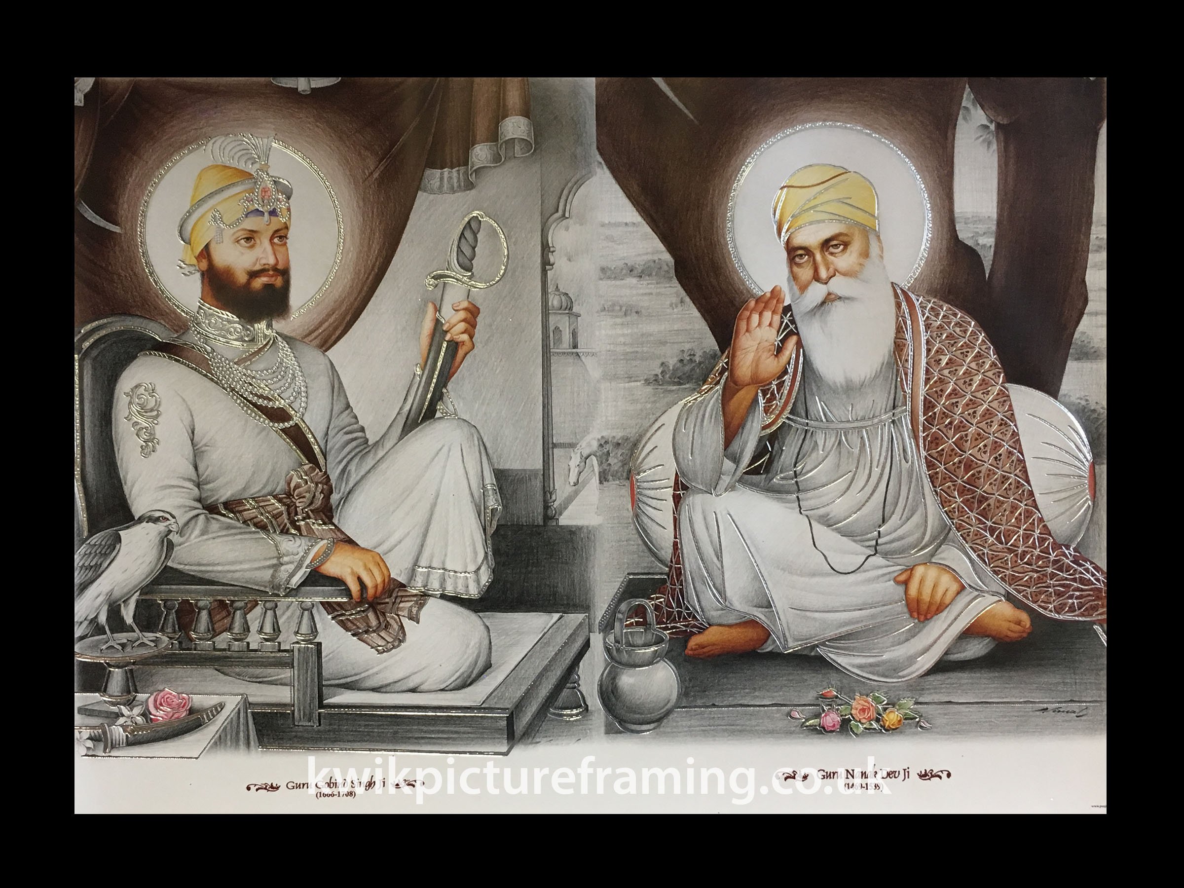 Kwik Picture Framing Ltd Black Guru Nanak Dev Ji Picture Frame With Guru Gobind Singh Ji | 16 X 12 Inch Sikh Religious Wall Art Display | Rectangular Stand Or Wall Mount Frame | Made In Uk