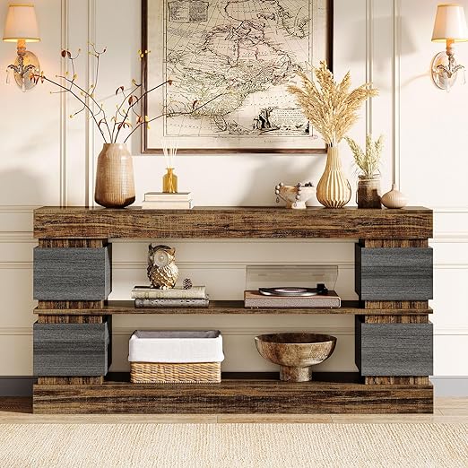 Tribesigns Long Console Table with Storage, 63" Wood Entryway Table, 3-Tier Farmhouse Behind Couch Table, Modern Hallway Sofa Table with 4 Compartments for Entrance, Living Room, Rustic Brown