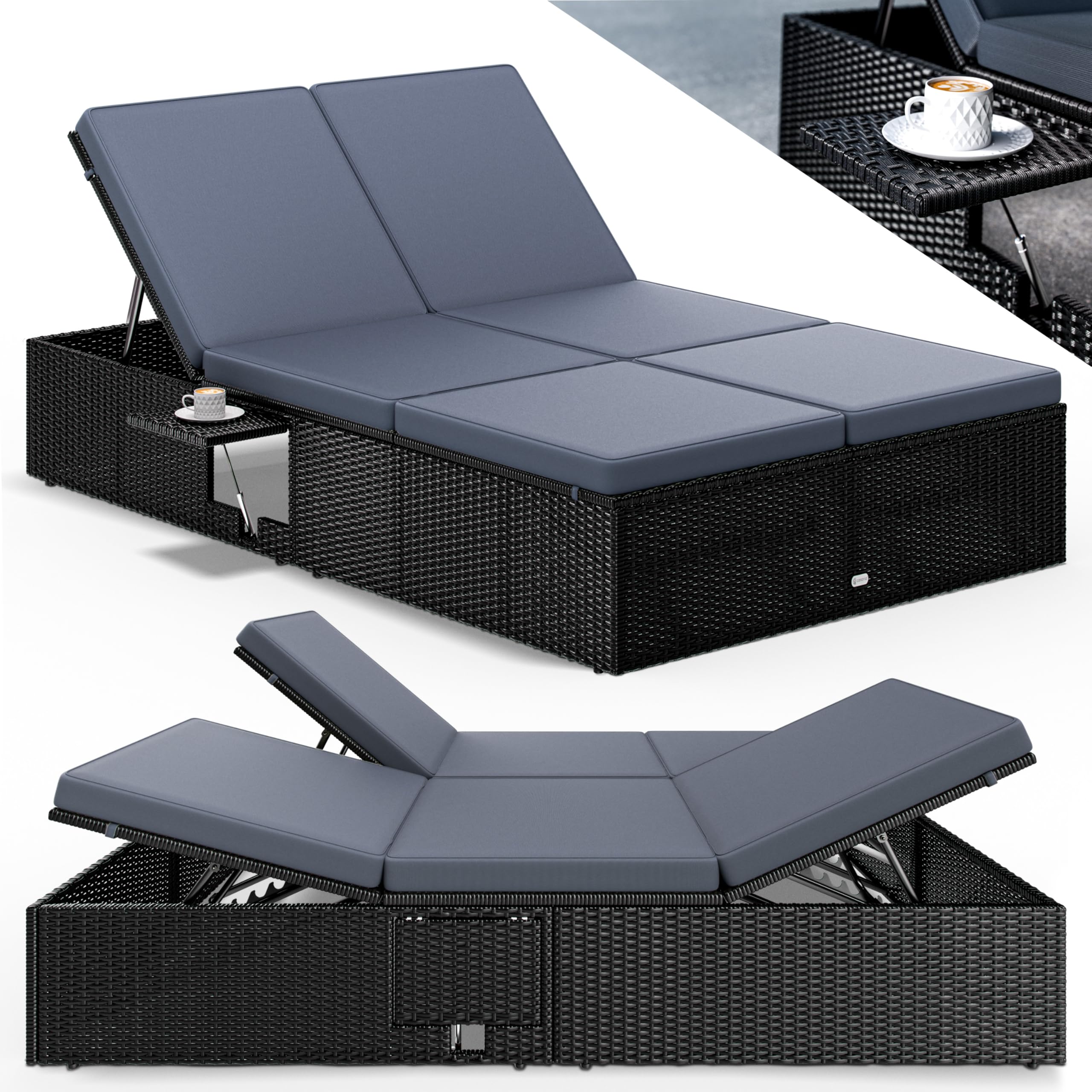 CASARIA® Double Sun Lounger | 7-Position Adjustable | Weatherproof | Convenient Foldable Tables | Poly-Rattan | Black Anthracite | Garden Relaxation | 200x115cm