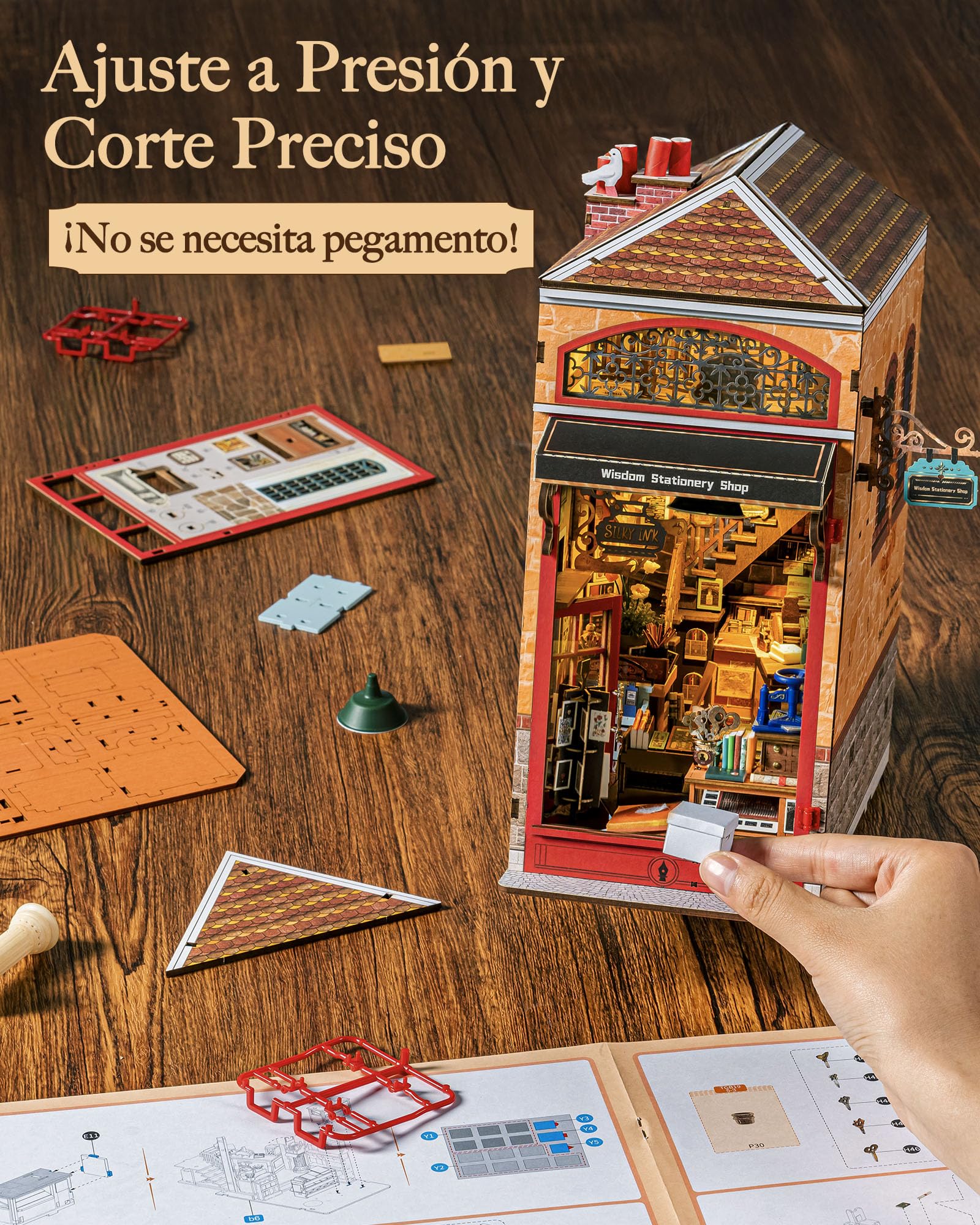 Rolife Book Nook Kit Casas Miniaturas para Montar Papelería de la Sabiduría Puzzle Madera 3D Adultos con Luces Decoracion Hogar Libro Maquetas para Construir Adultos Regalo para Madre Niños