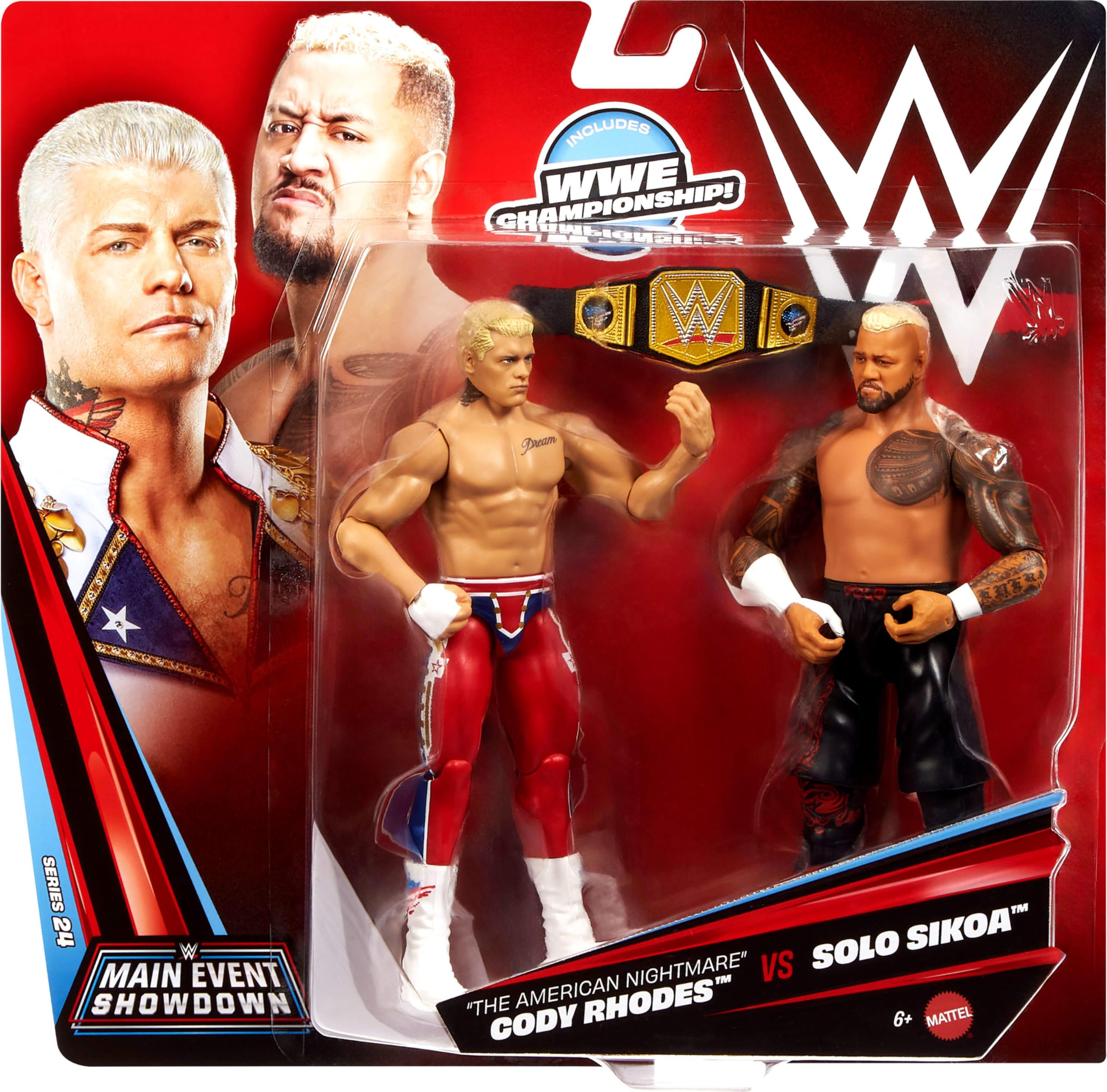 Mattel WWE Main Event - The American Nightmare Cody Rhodes vs Solo Sikoa Series 24, set Showdown da collezione con 2 personaggi snodati e accessori inclusi, 6+ anni, JHJ54