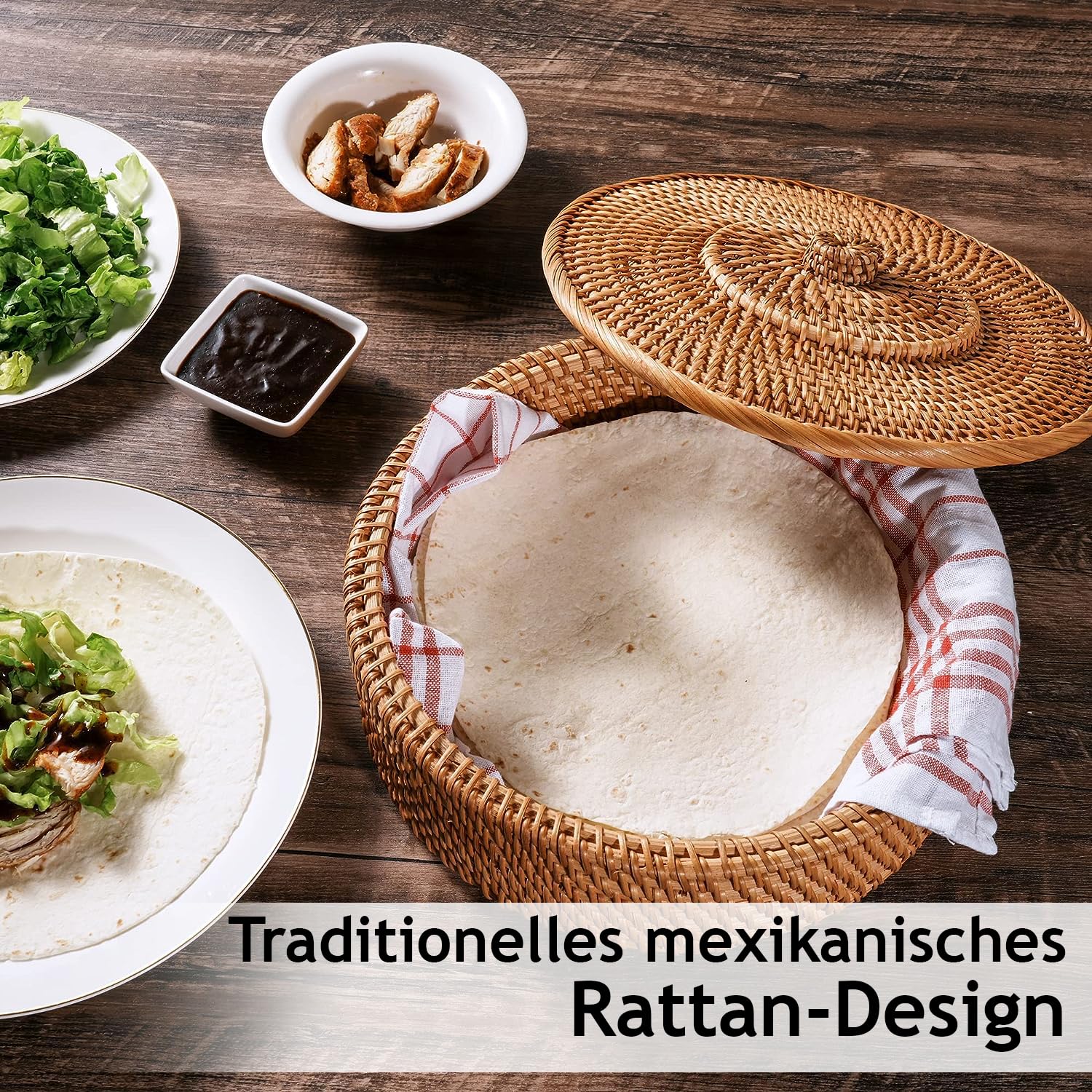 Tortillada - Tortilla Wärmer 26 cm aus Rattan – Handgemachter Brotkorb für Tortillas, Wraps und Fladenbrot – Wärmekorb inkl. Baumwolltuch für Küche & Haushalt, hält Speisen warm