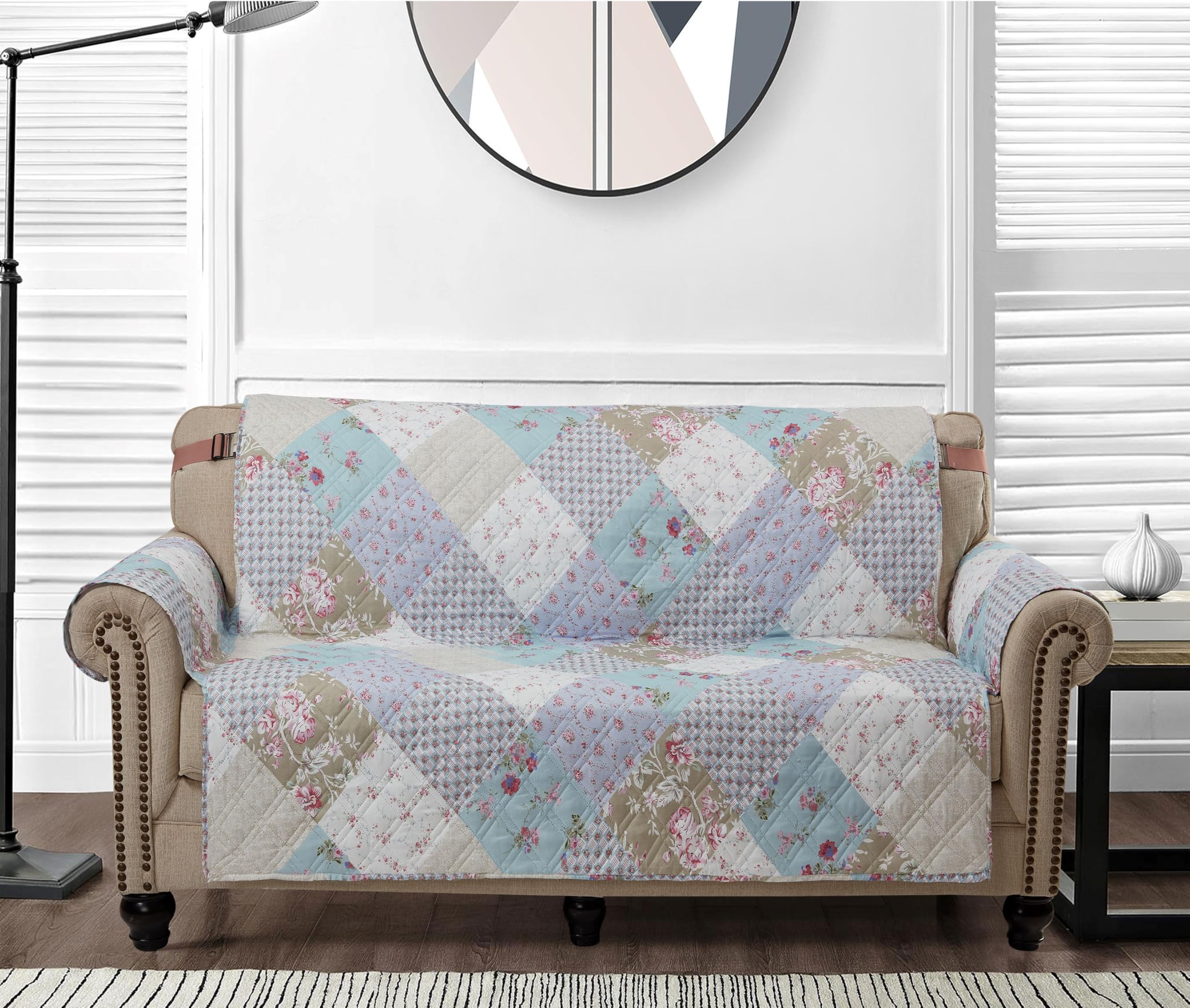 Brilliant Sunshine Blue and Green Rose Patchwork Couch Cover, Quilted Oversized Loveseat Slipcover, 54" Seat Width, Slip Resistant Furniture Protector