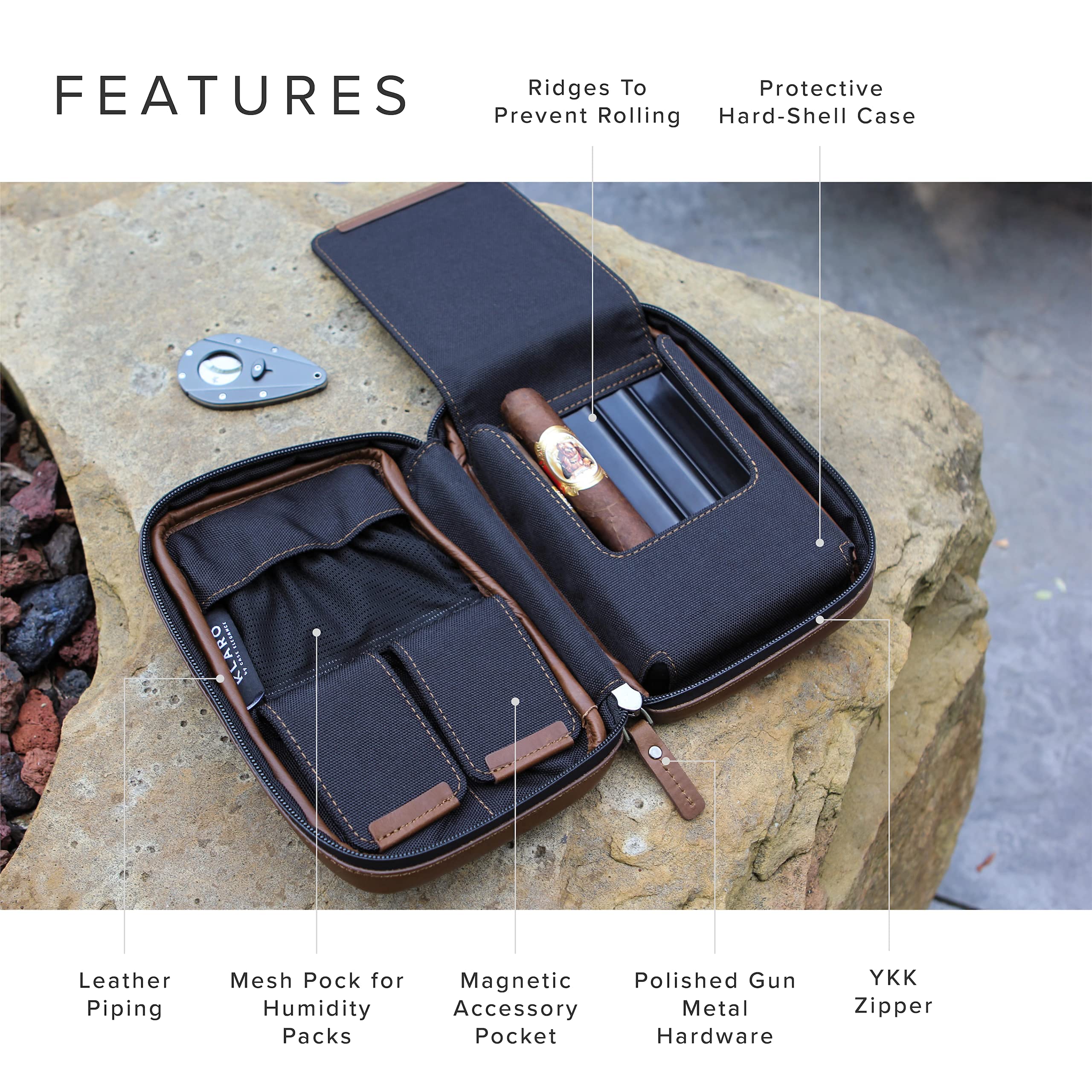 Klaro Travel Funda de cuero para cigarros, 5 compartimentos para accesorios, 2 bolsillos para humidificación, protección interna de carcasa dura, color marrón