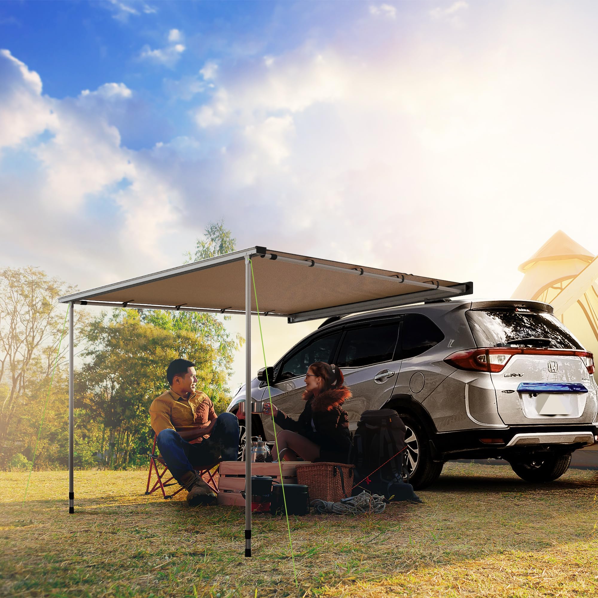 Outsunny Tenda da Tetto Auto con Pali Telescopici, Tendalino Laterale per Auto Impermeabile con Altezza Regolabile, 2.5x1.6m, Cachi